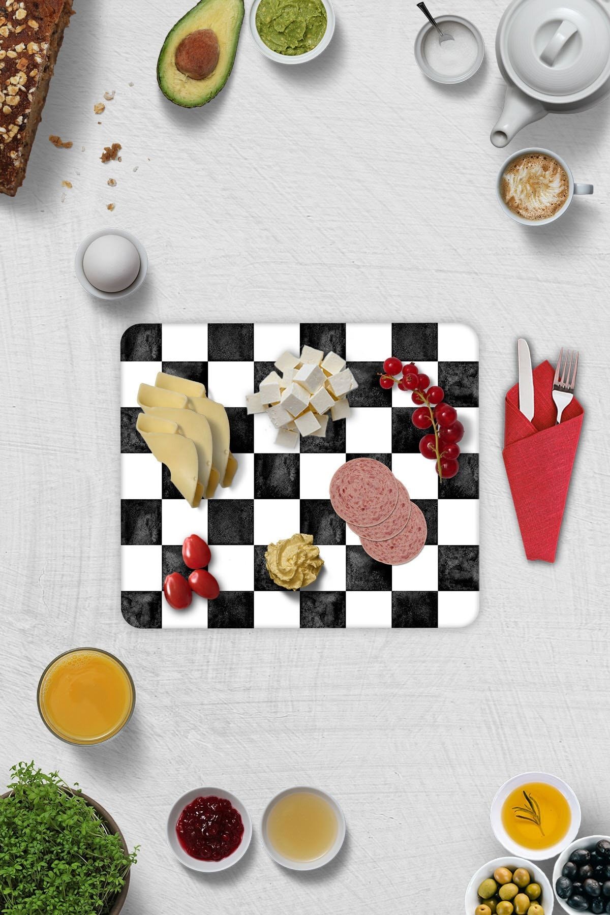 2'li Takım | Cam Tabak - Kahvaltı Tabağı - Pasta Tabağı | Damalı Desen | 29cm X 34cm