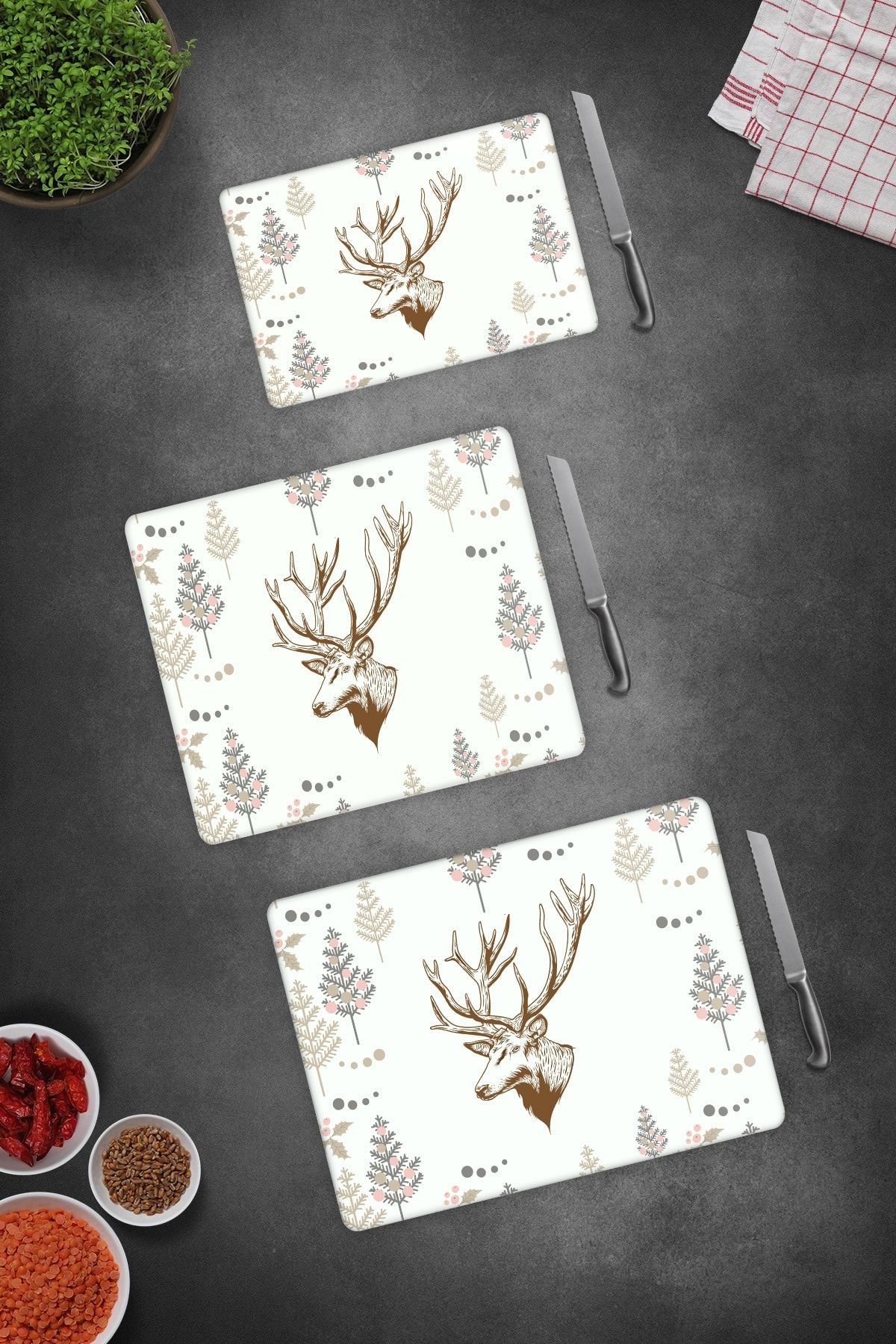 3'lü Takım Cervus Deer | Cam Kesme Tahtası - Cam Kesme Tablası