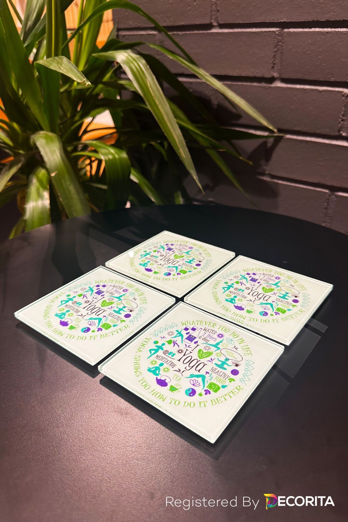 Cam Bardak Altlığı | I Love Yoga | 4'lü Takım | 10cm X 10cm