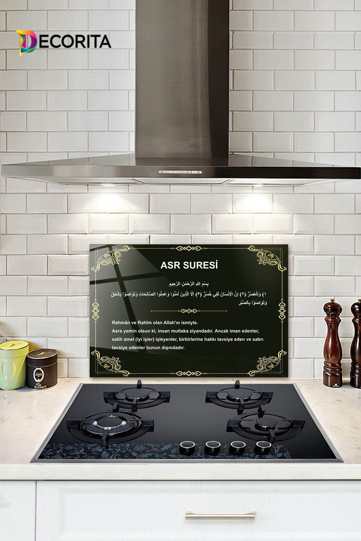 Cam Ocak Arkası Koruyucu | Asr Süresi - Siyah Fon | 40cm X 60cm