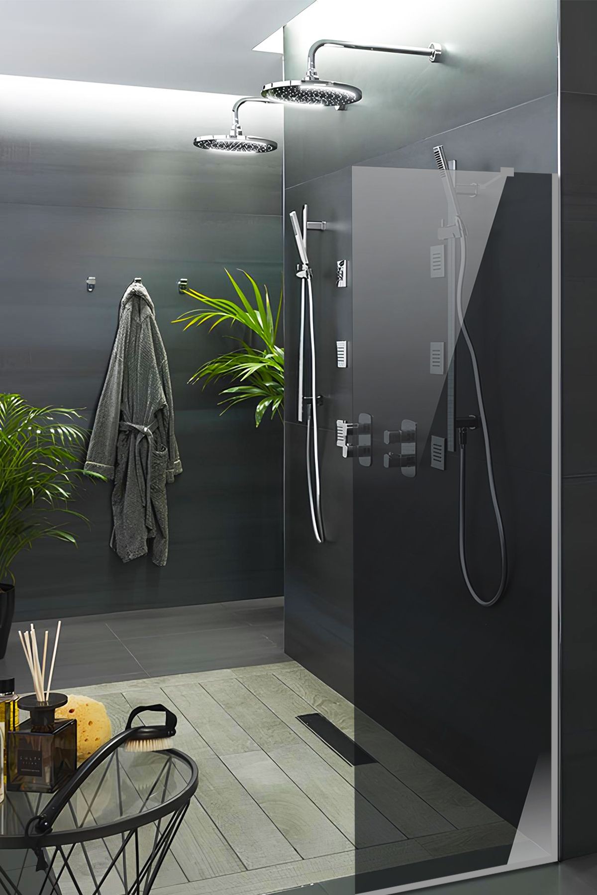 Cam Duşakabin Seperatör - Sabit Panel | Füme Cam | Metalik Parlak Profil | 55cm x 190cm