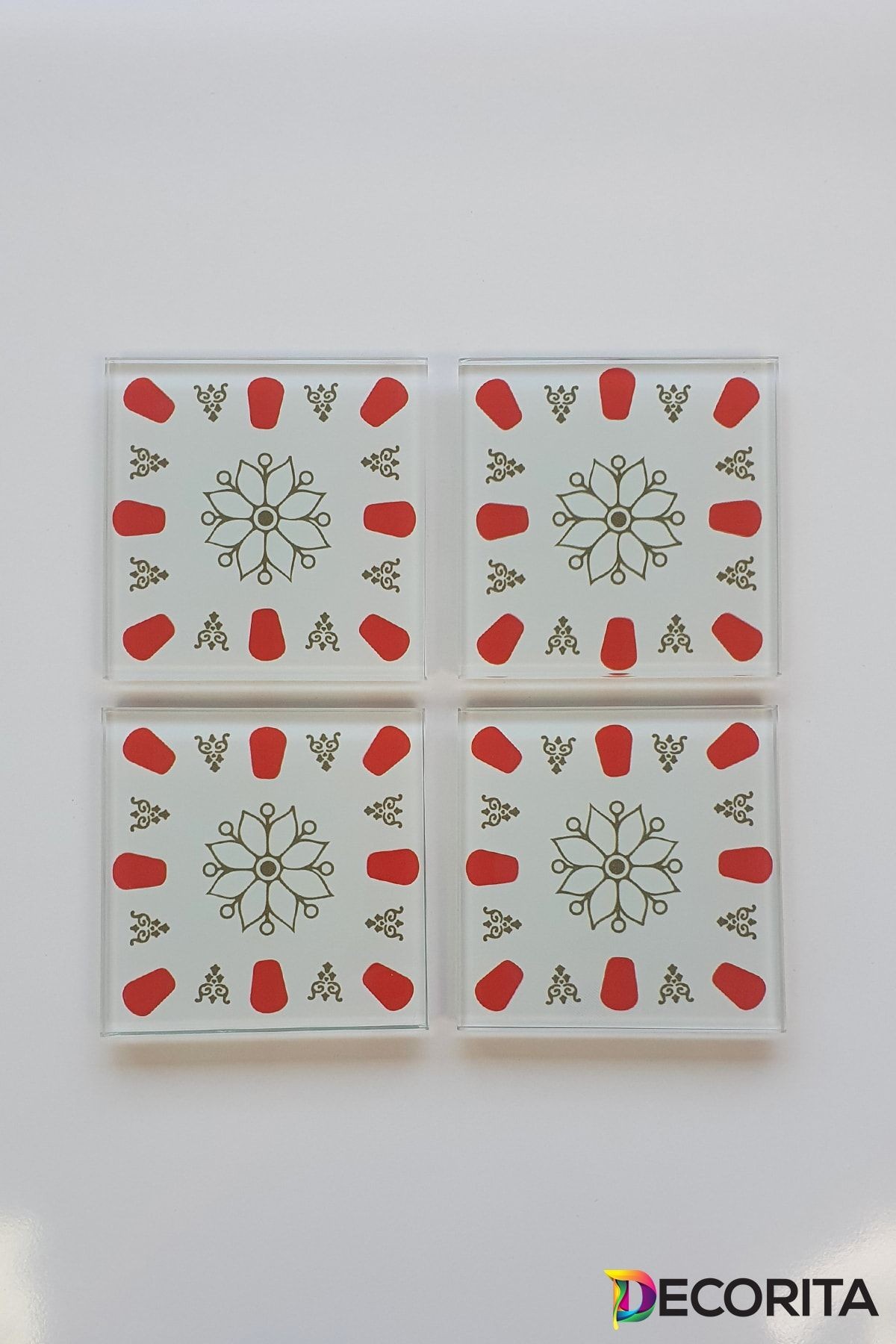 Cam Bardak Altlığı | Acem Kahveci - Kırmızı | 4'lü Takım | 10cm X 10cm