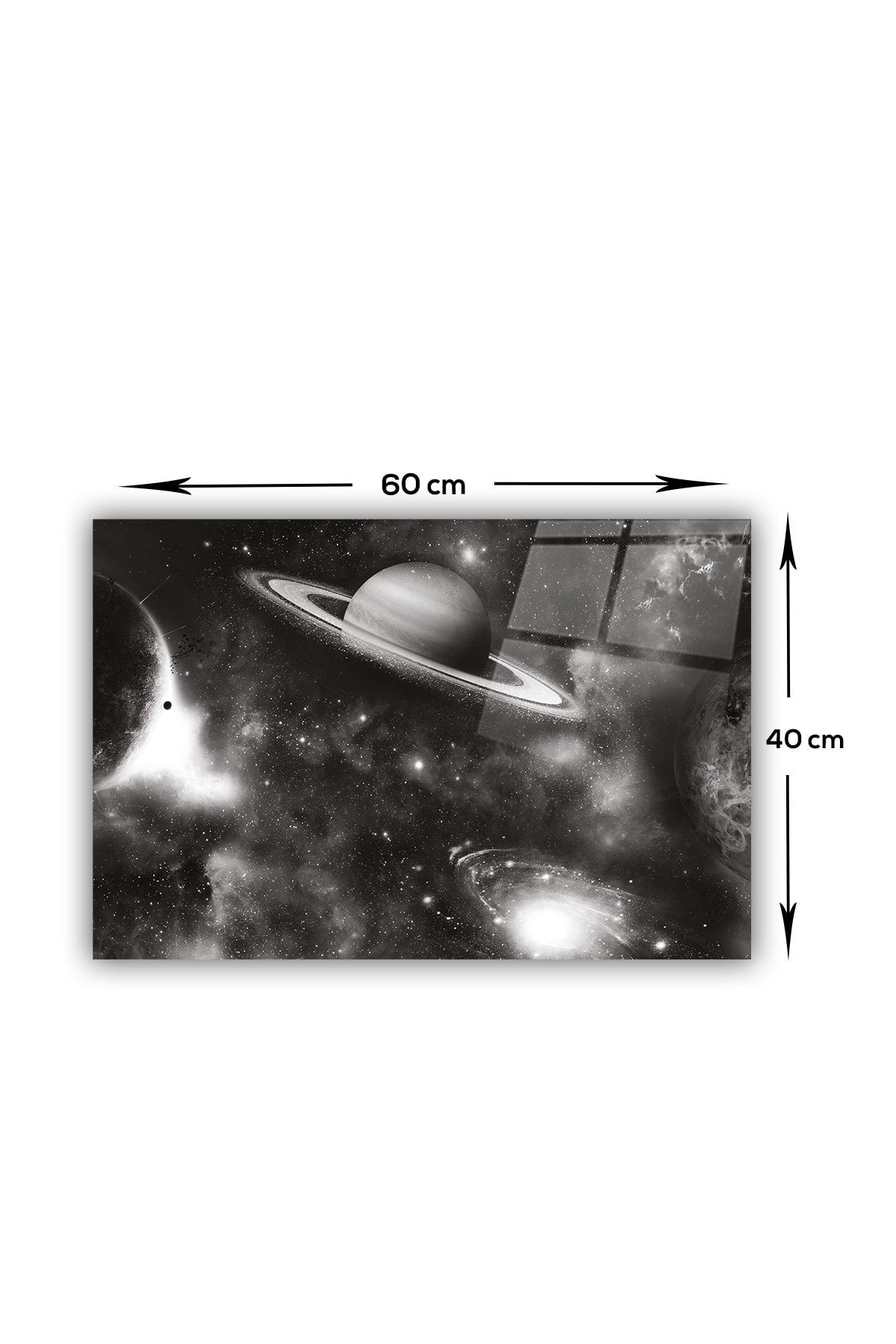 Cam Ocak Arkası Koruyucu | Galaksi Desen - Siyah Beyaz Fon | 40cm X 60cm