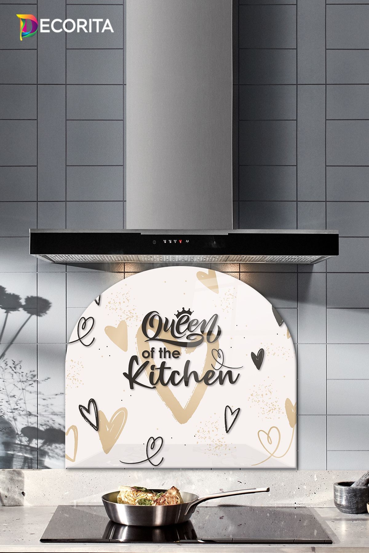 Cam Ocak Arkası Koruyucu | Oval Şekilli | Queen Of The Kitchen - Krem | 52cm X 60cm