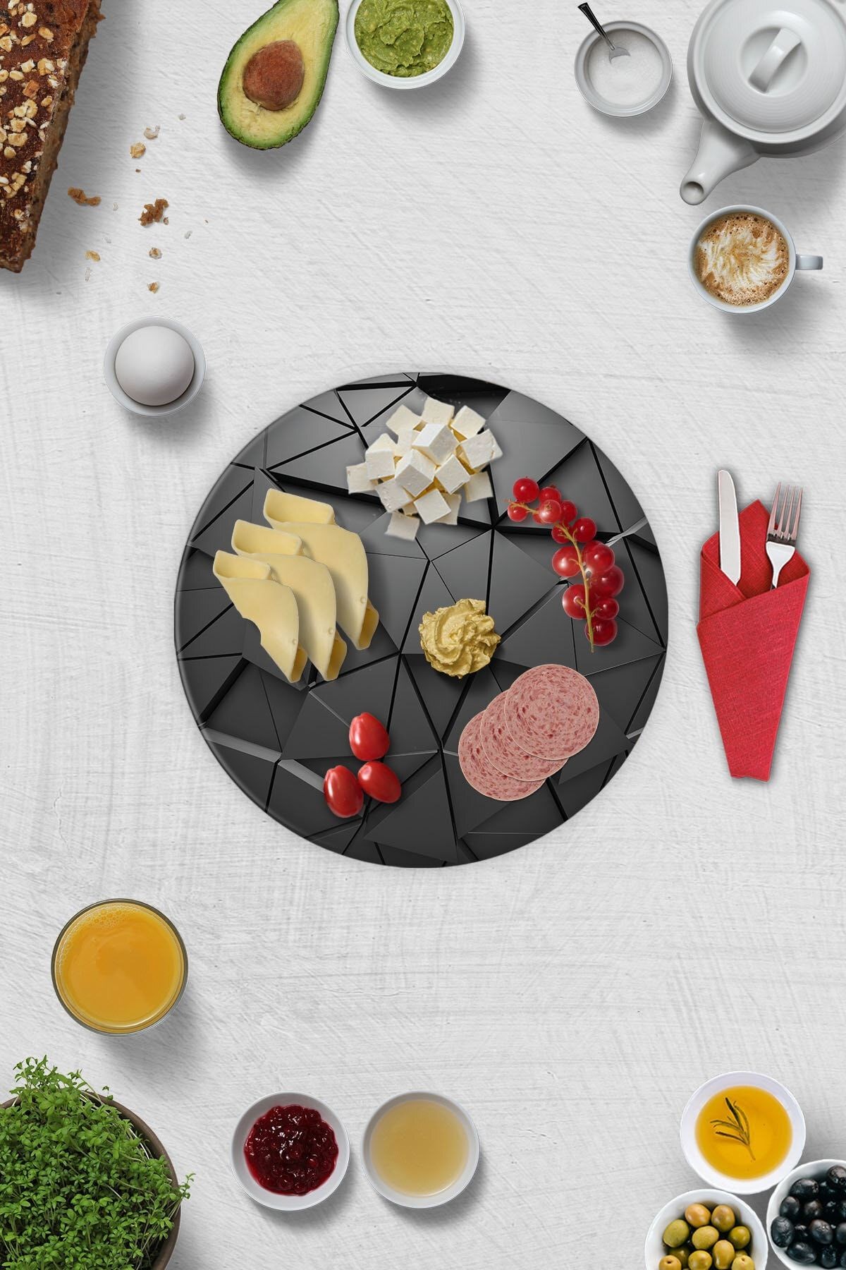 2'li Takım | Cam Tabak - Kahvaltı Tabağı - Pasta Tabağı | Antrasit Kristal | Çap32cm