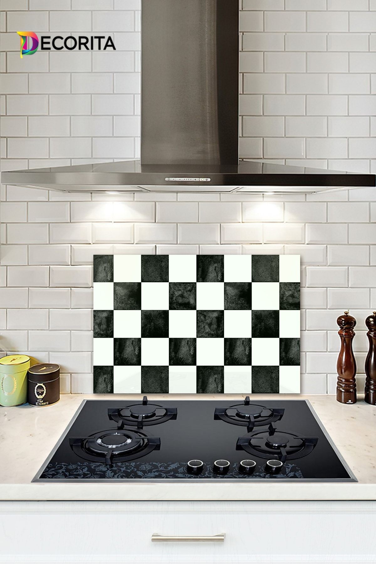 Cam Ocak Arkası Koruyucu | Damalı Desen | 40cm X 60cm