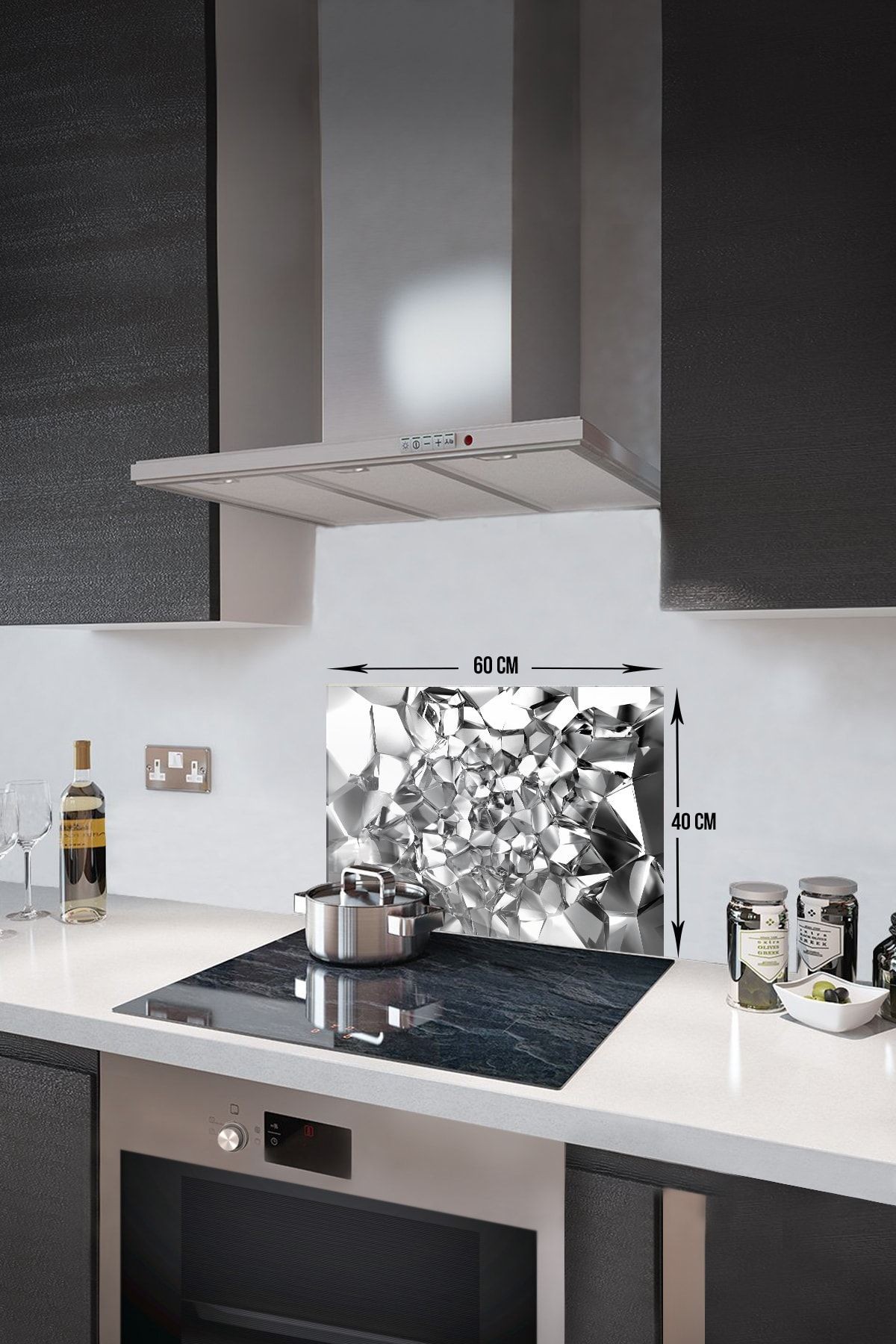 Cam Ocak Arkası Koruyucu | Gümüş Kristal | 40cm X 60cm