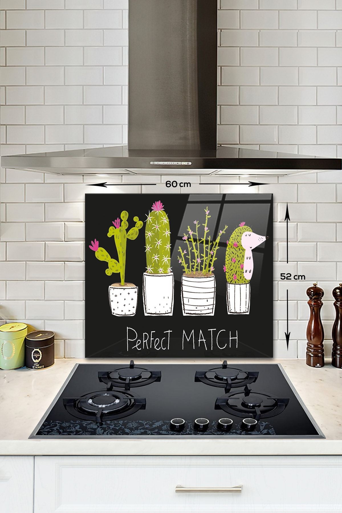 Cam Ocak Arkası Koruyucu | Perfect Match - Siyah Fon | 52cm X 60cm