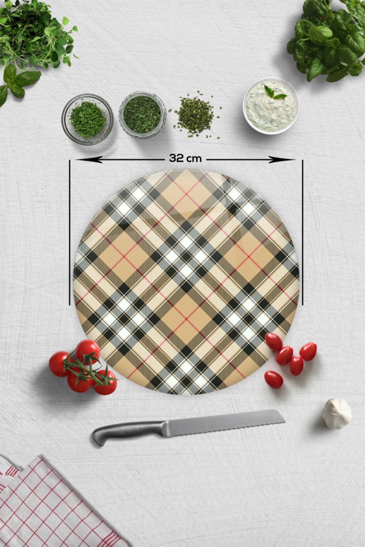 Cam Kesme Tahtası - Cam Kesme Tablası | Krem Ekose Desen | Çap 32cm