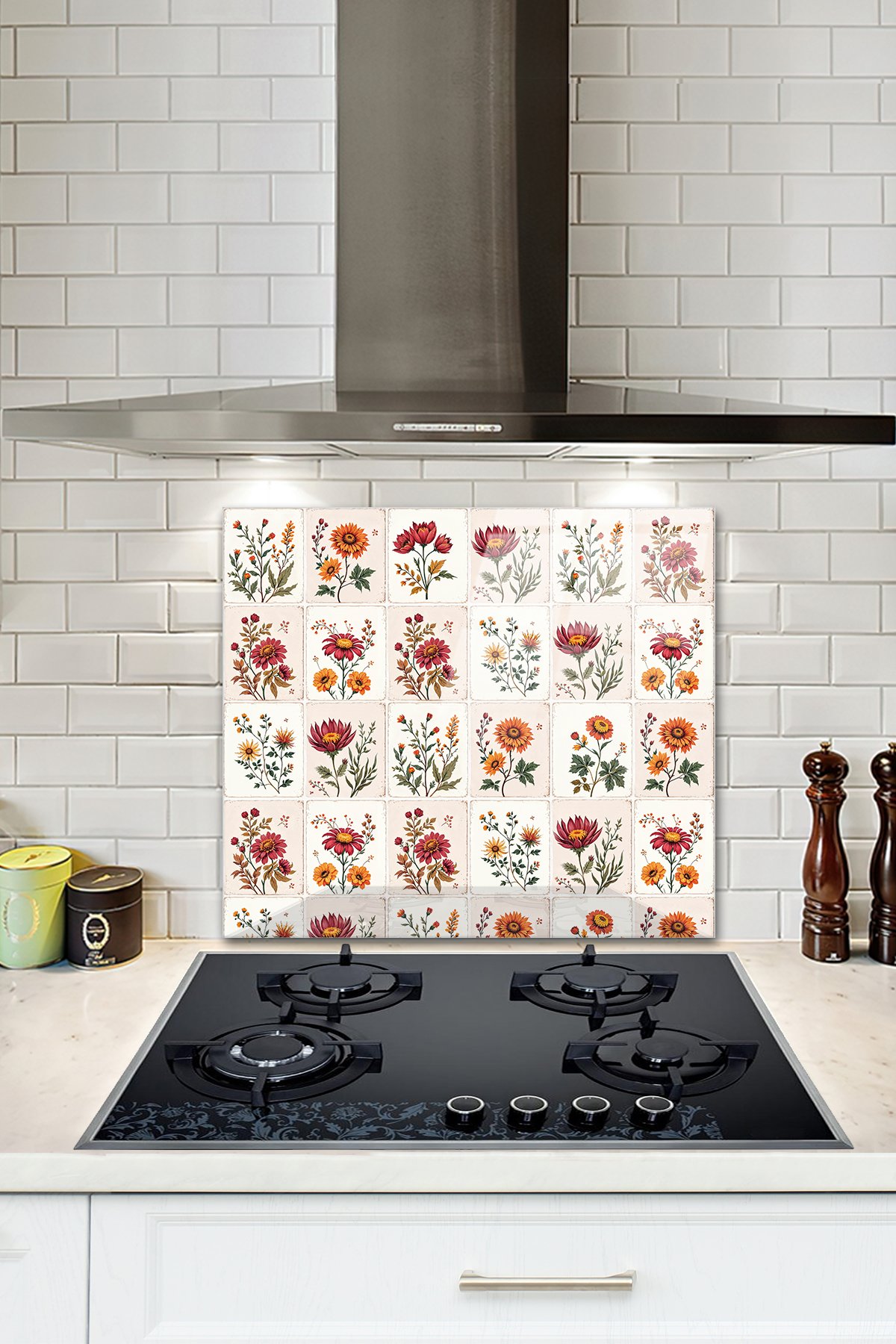 Decorita Cam Ocak Arkası Koruyucu | Çiçekli Karo Desen