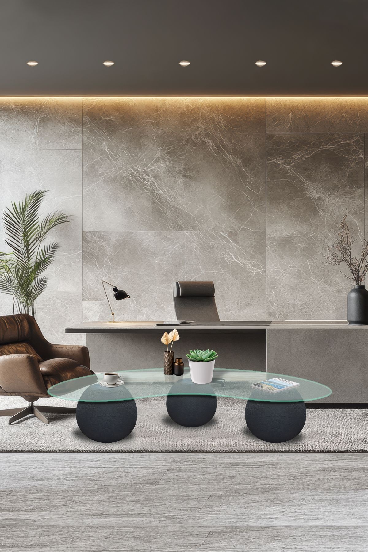 Cam Orta Sehpa | 3 Toplu Cam Sehpa  | Polisitiren Ayaklı | Saydam Cam | 75cm x 120cm x 27cm