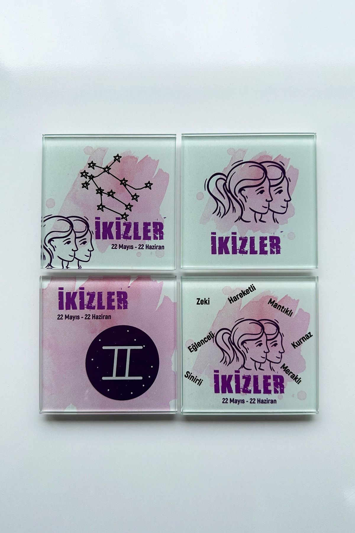 Cam Bardak Altlığı | Burçlar - Ikizler Burcu | 4'lü Takım | 10cm X 10cm