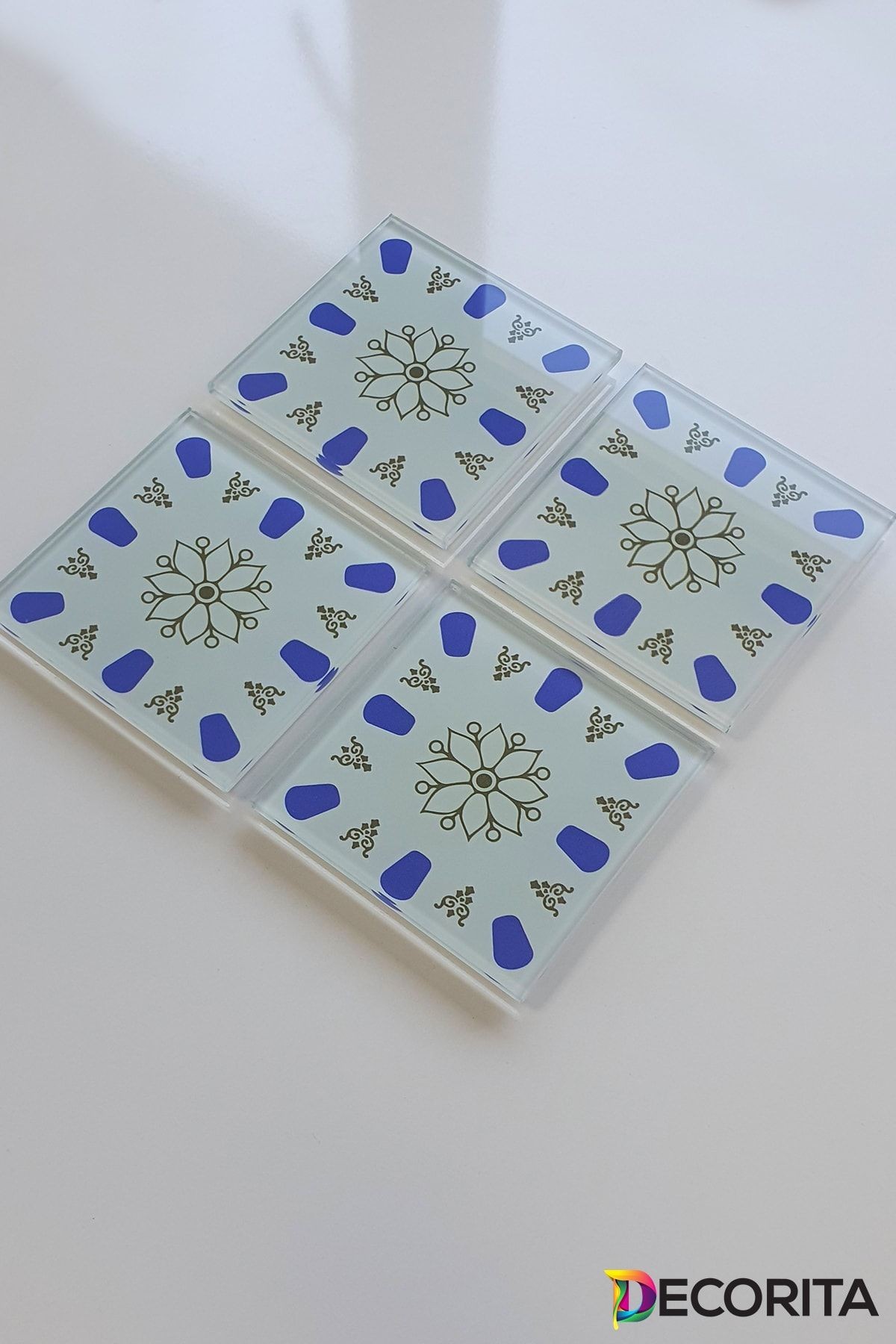 Cam Bardak Altlığı | Acem Kahveci - Mavi | 4'lü Takım | 10cm X 10cm