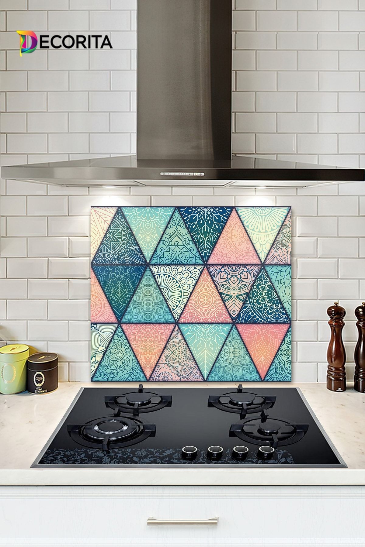 Cam Ocak Arkası Koruyucu | Renkli Mandala Desenli | 52cm X 60cm