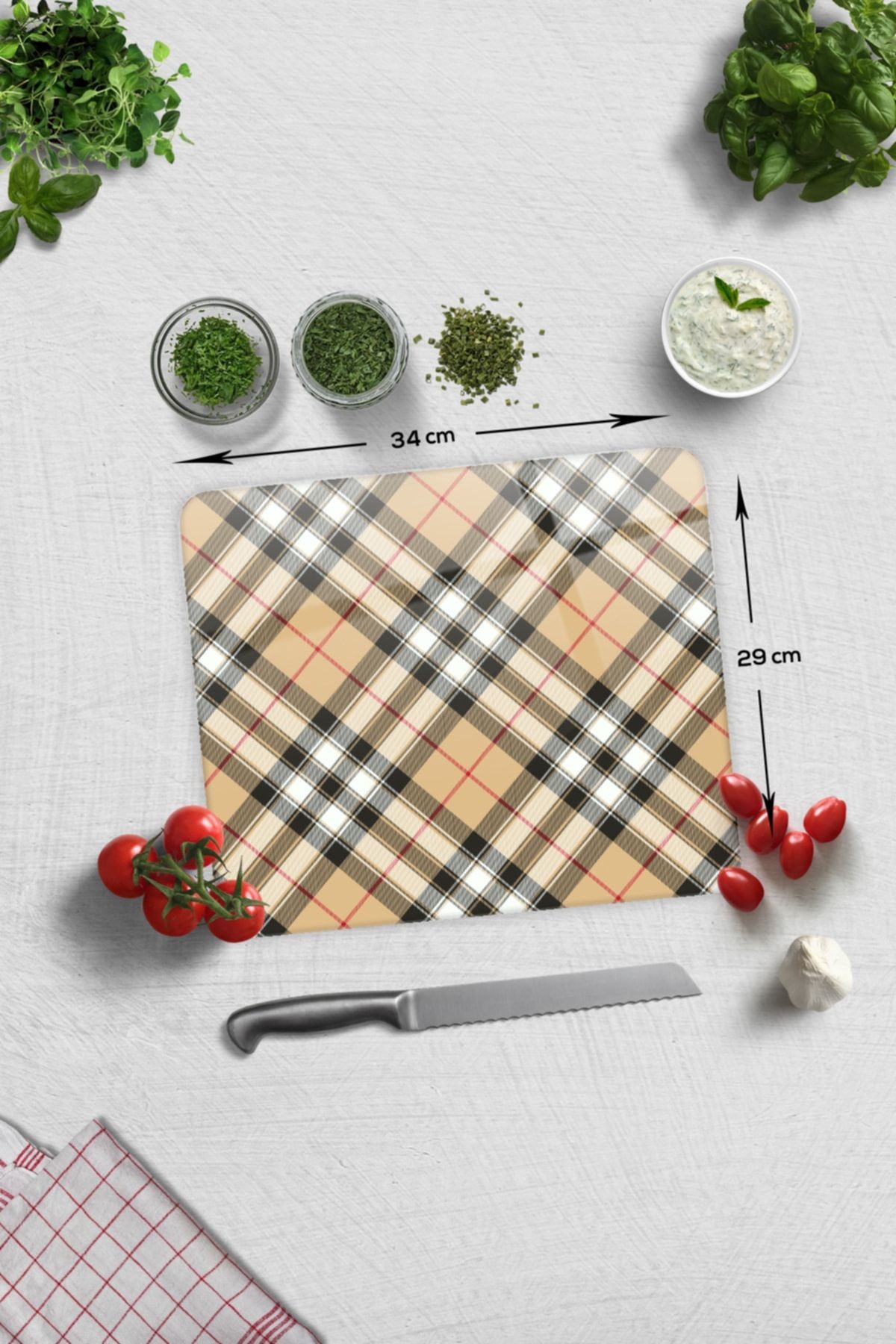 Cam Kesme Tahtası - Cam Kesme Tablası | Krem Ekose Desen | 29cm X 34cm