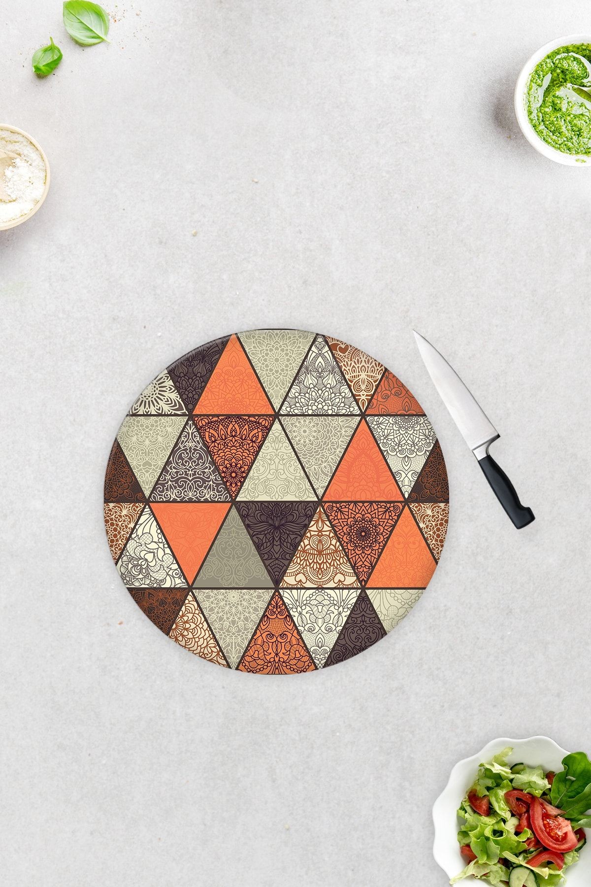 Toprak Tonları Mandala Desen | Cam Kesme Tahtası - Cam Kesme Tablası | Çap 32cm