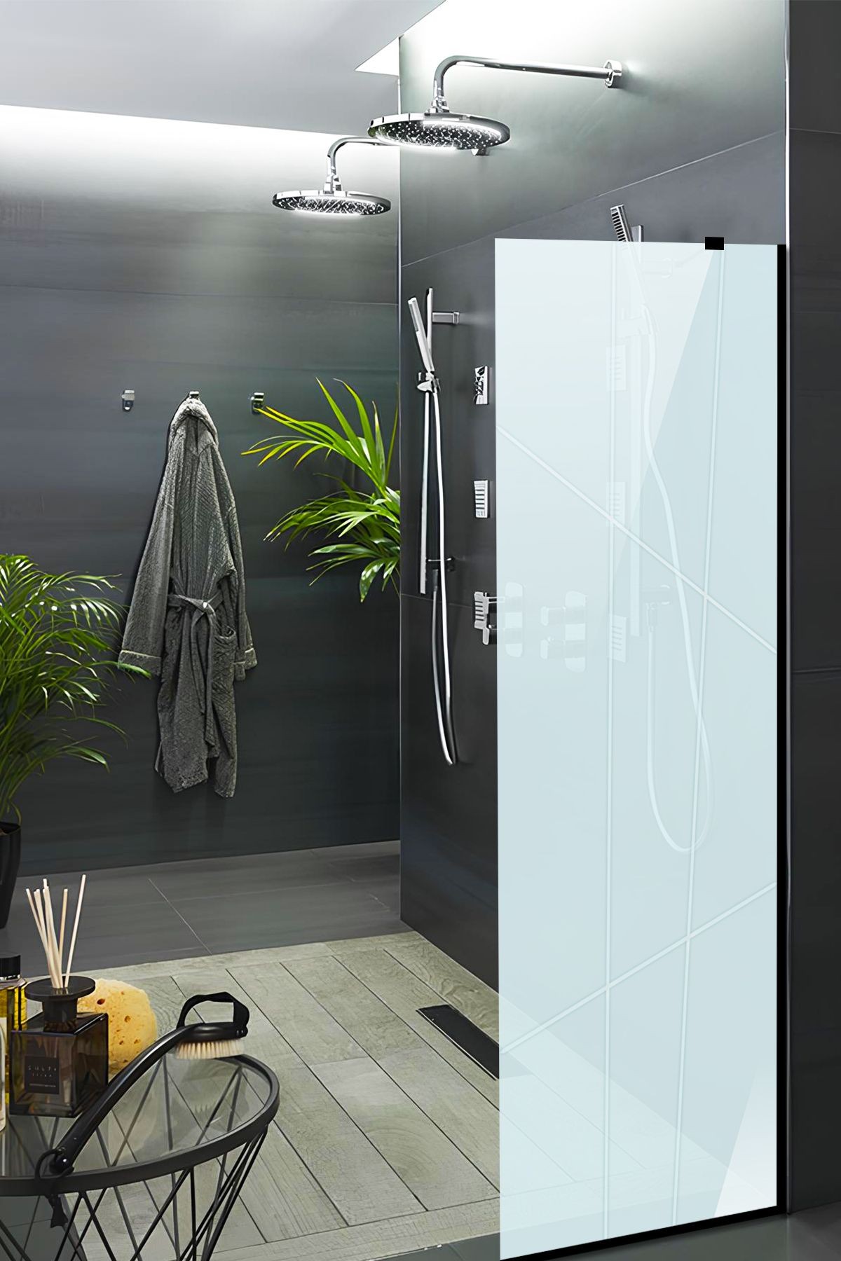 Cam Duşakabin Seperatör - Sabit Panel | Satina Cam - Kanallı | Siyah Profil | 55cm x 190cm
