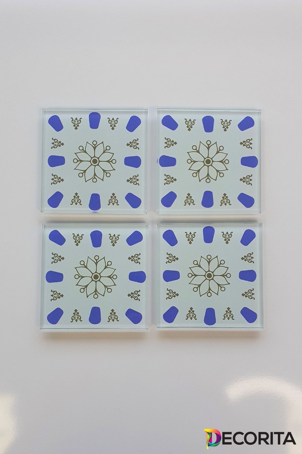 Cam Bardak Altlığı | Acem Kahveci - Mavi | 4'lü Takım | 10cm X 10cm