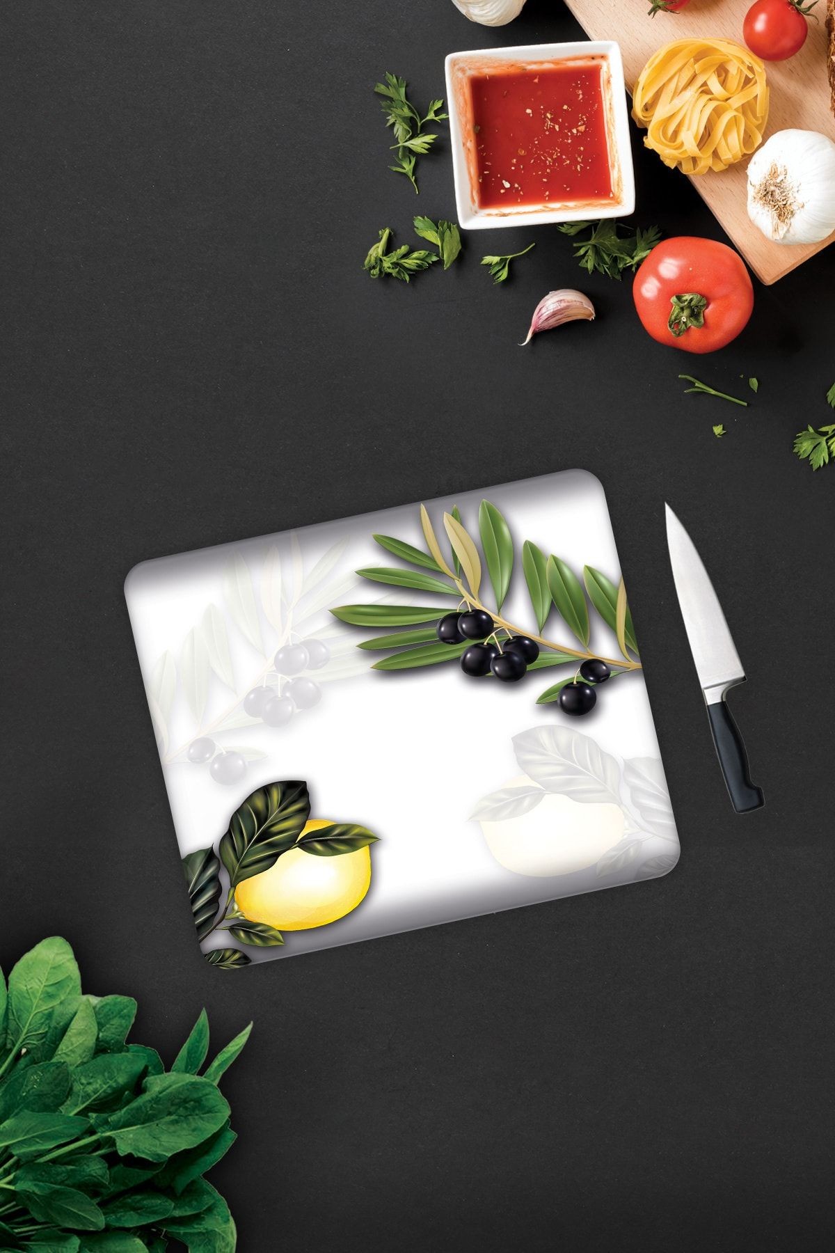 Zeytin Ve Limon Desen | Cam Kesme Tahtası - Cam Kesme Tablası | 29cm X 34cm