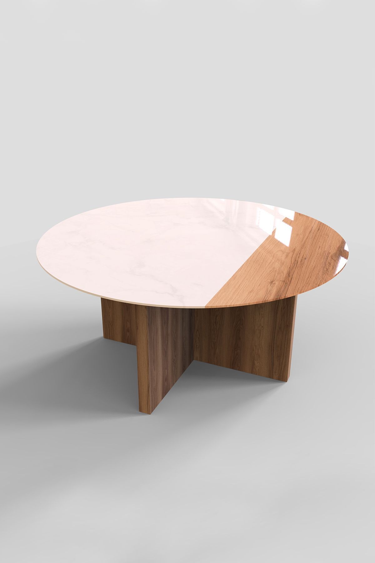 Cam Orta Sehpa | Modern Sehpa | Atlas - Hazar  Kaplama | Kenarı Ahşap Desenli | Çap90cm