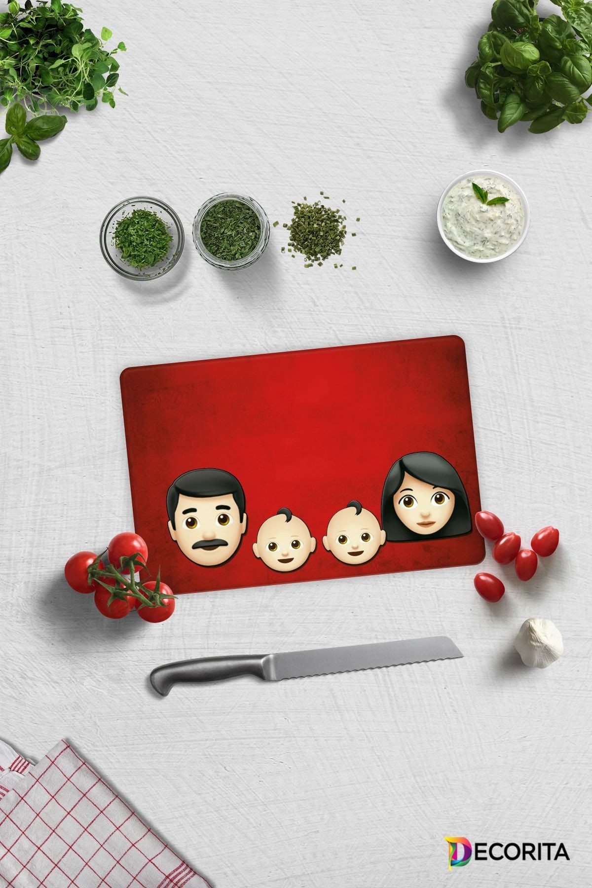 Emoji Ailesi Anne & Baba & Çocuklar | Cam Kesme Tahtası - Cam Kesme Tablası | 20cm X 30cm