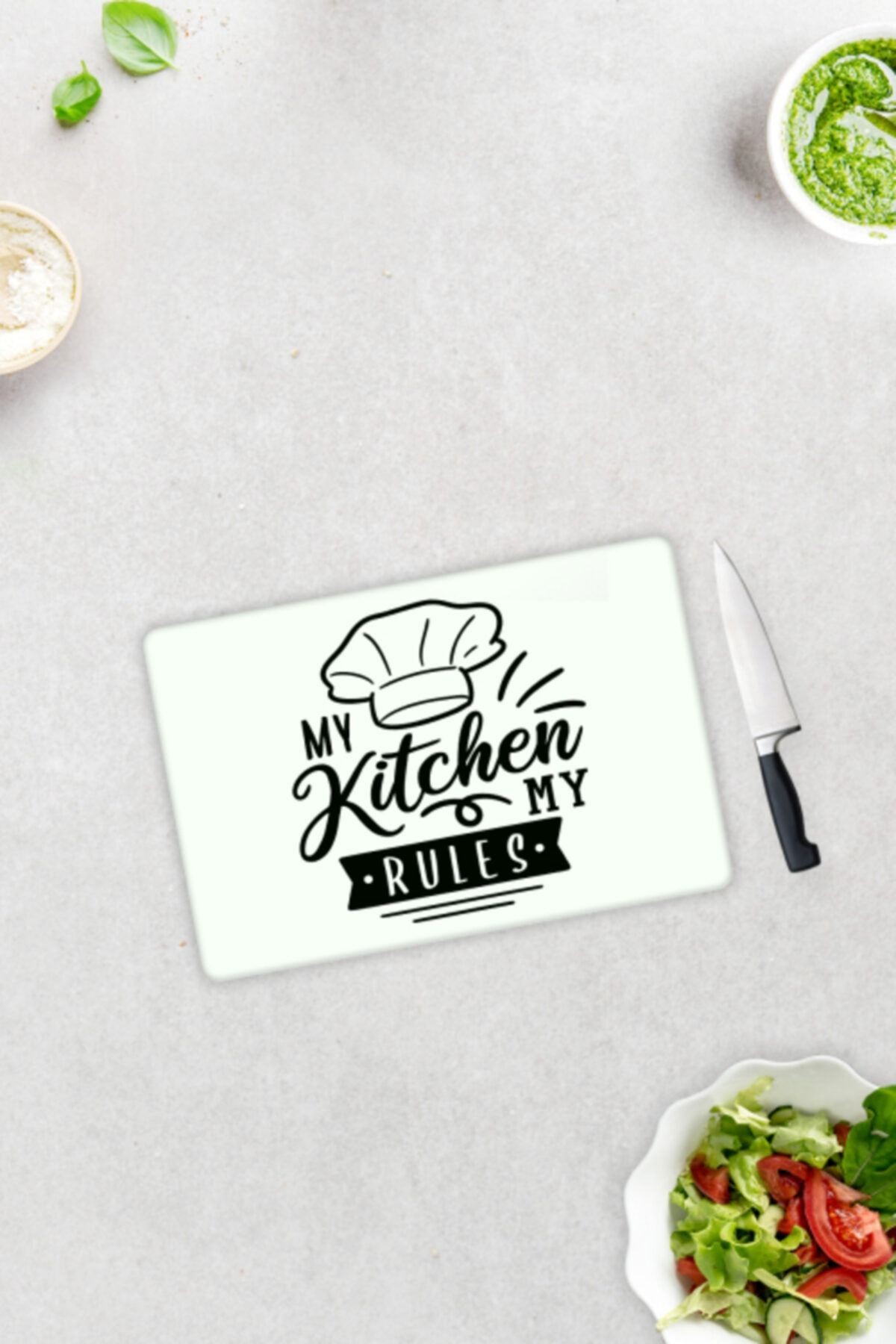 My Kitchen My Rules | Cam Kesme Tahtası - Cam Kesme Tablası | Beyaz Fon | 20cm x 30cm