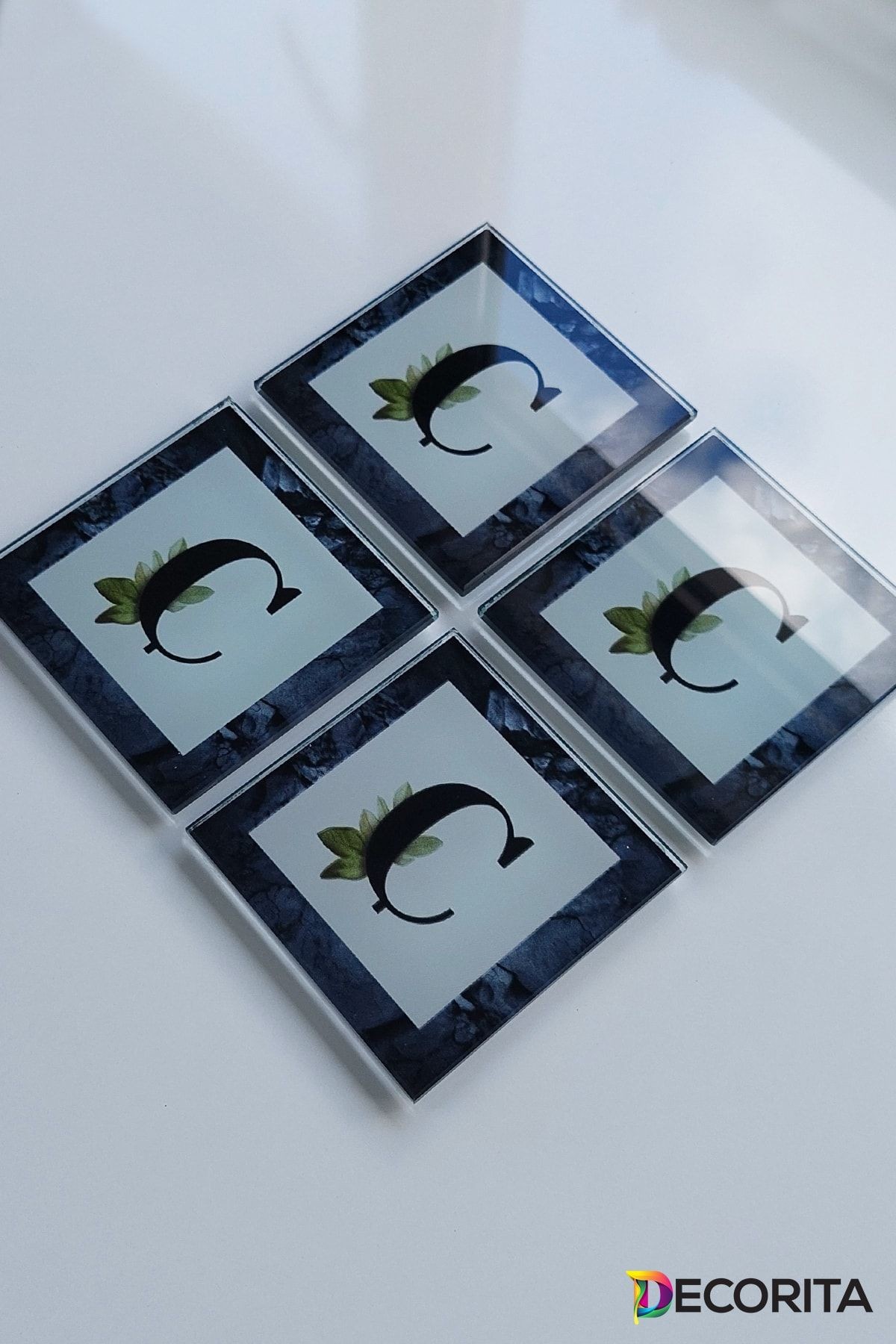 Cam Bardak Altlığı | Harfli Tasarım | 4'lü Takım | Ç Harfi | 10cm X 10cm