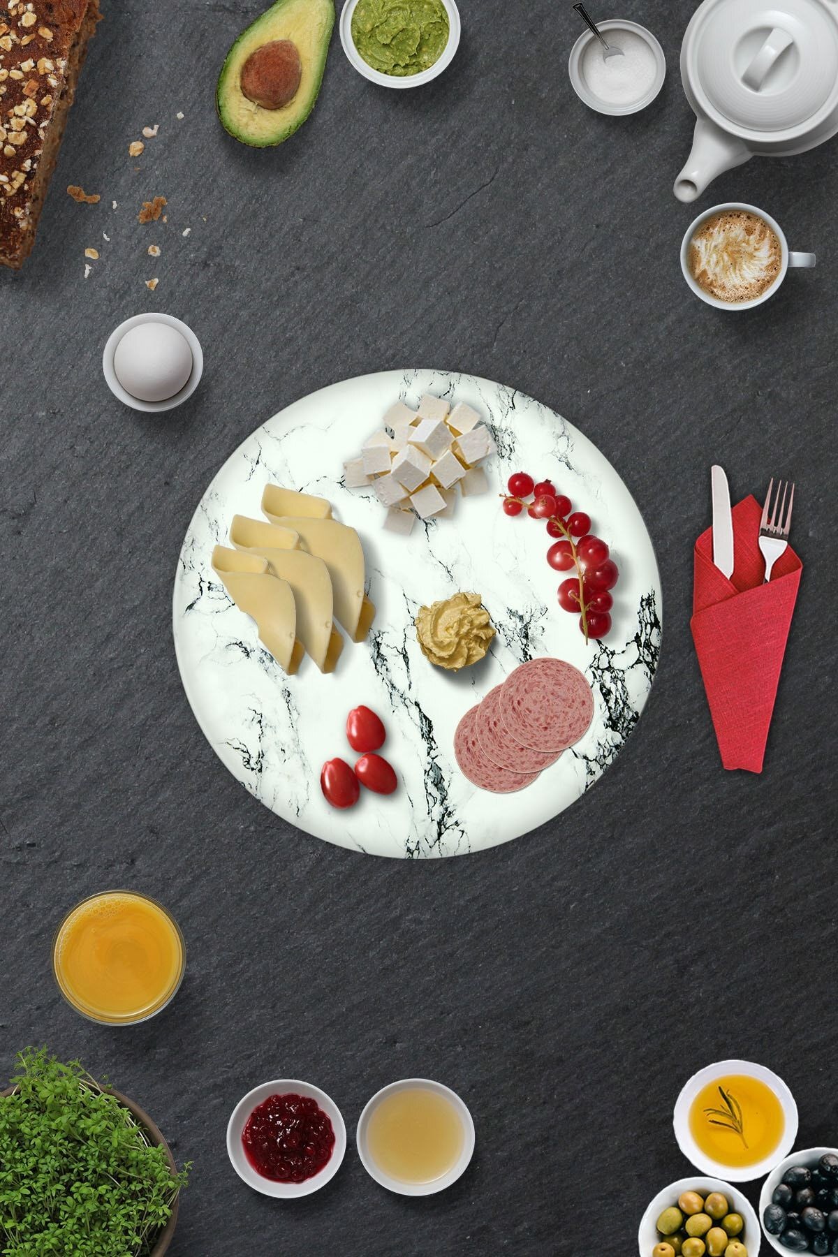 2'li Takım | Cam Tabak - Kahvaltı Tabağı - Pasta Tabağı | Beyaz Mermer Görünümlü | Çap32cm