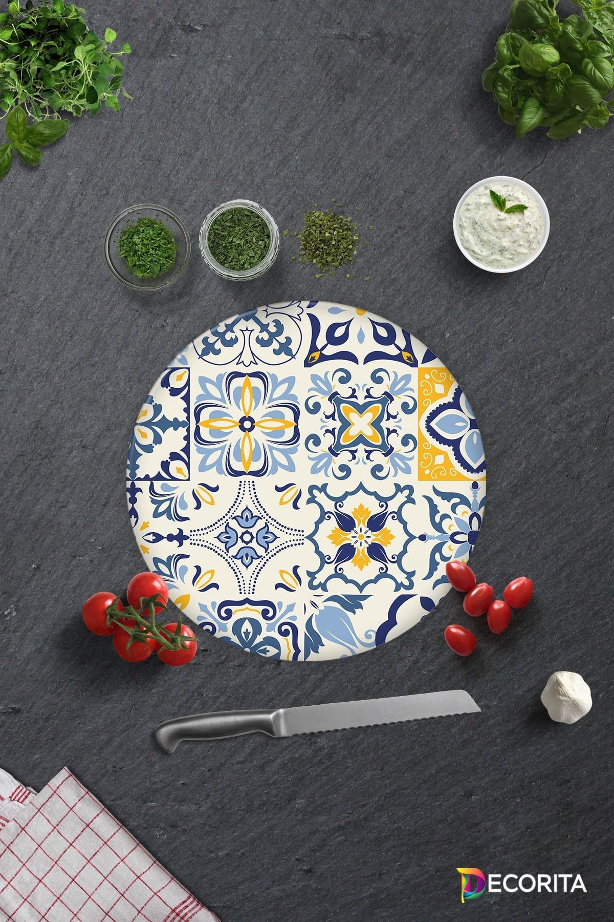 Mavi Çini Desen | Cam Kesme Tahtası - Cam Kesme Tablası | Çap32cm