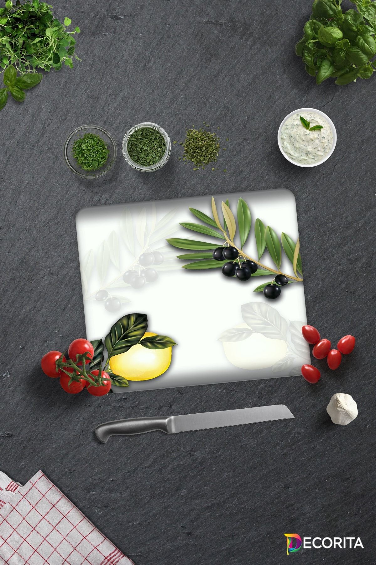 Zeytin Ve Limon Desen | Cam Kesme Tahtası - Cam Kesme Tablası | 29cm X 34cm