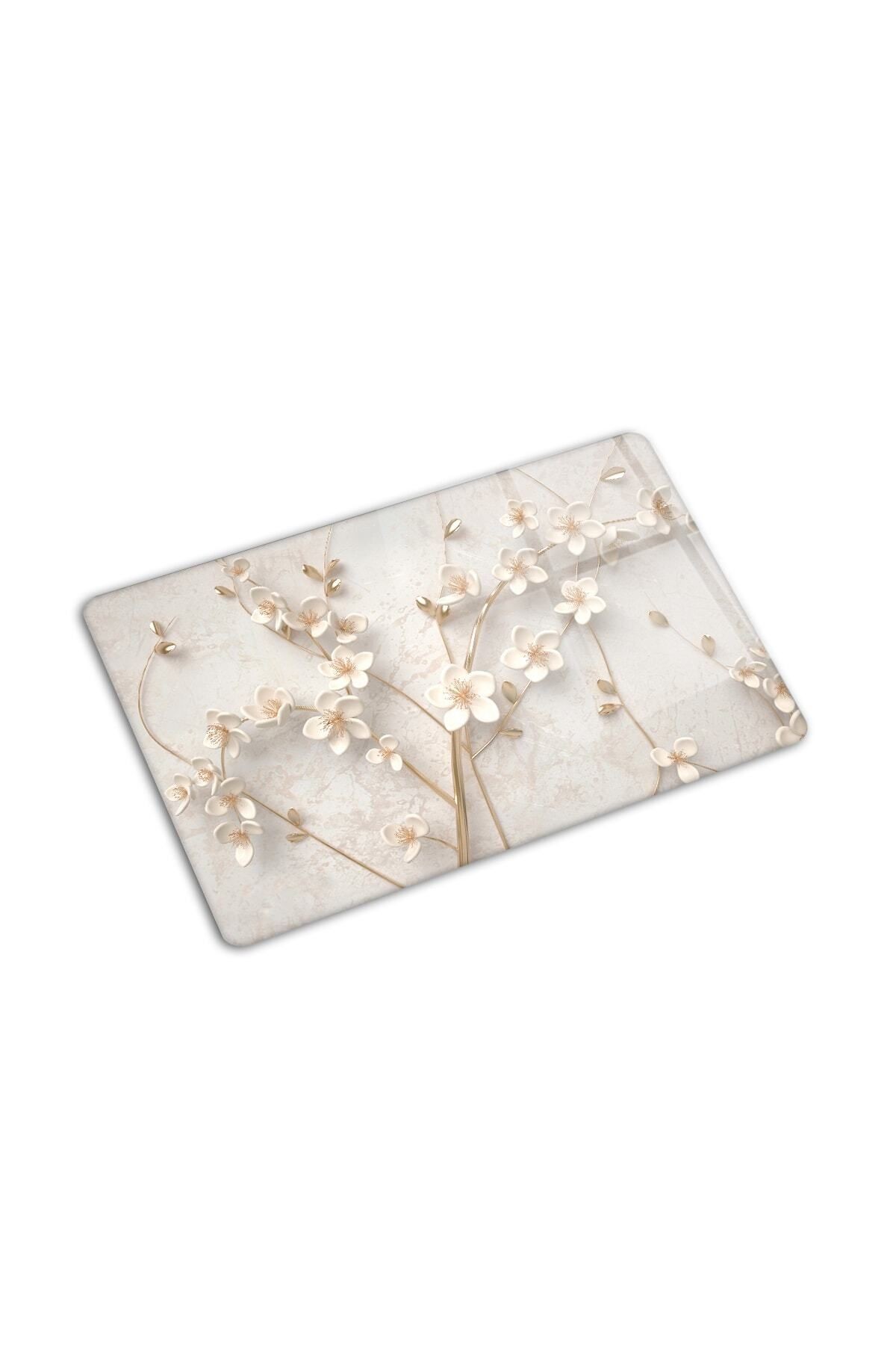 Cam Kesme Tahtası - Cam Kesme Tablası | Beyaz Çiçek - Gold | 20cm X 30cm