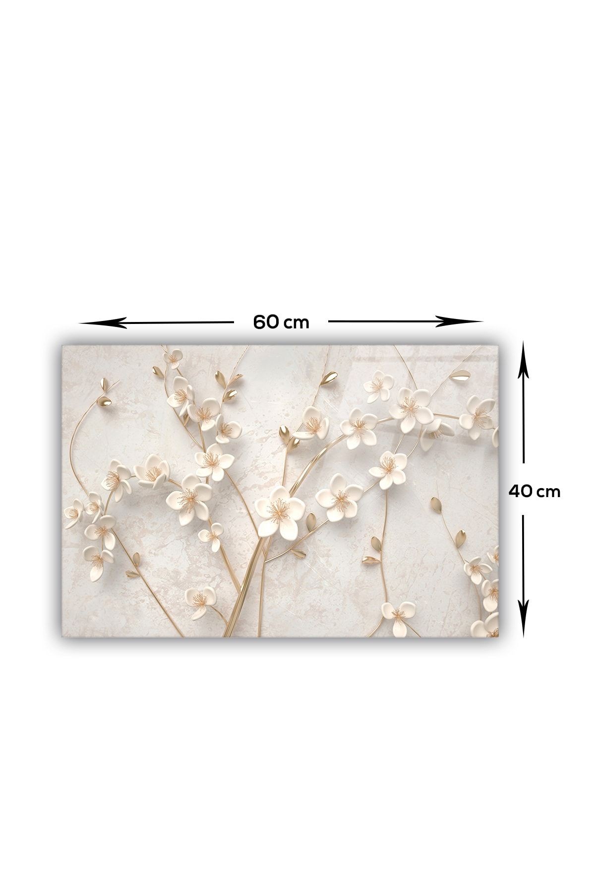 Cam Ocak Arkası Koruyucu | Beyaz Çiçek - Gold | 40cm X 60cm