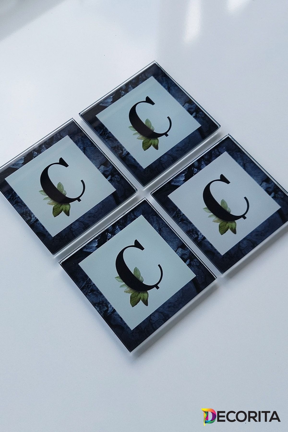 Cam Bardak Altlığı | Harfli Tasarım | 4'lü Takım | Ç Harfi | 10cm X 10cm
