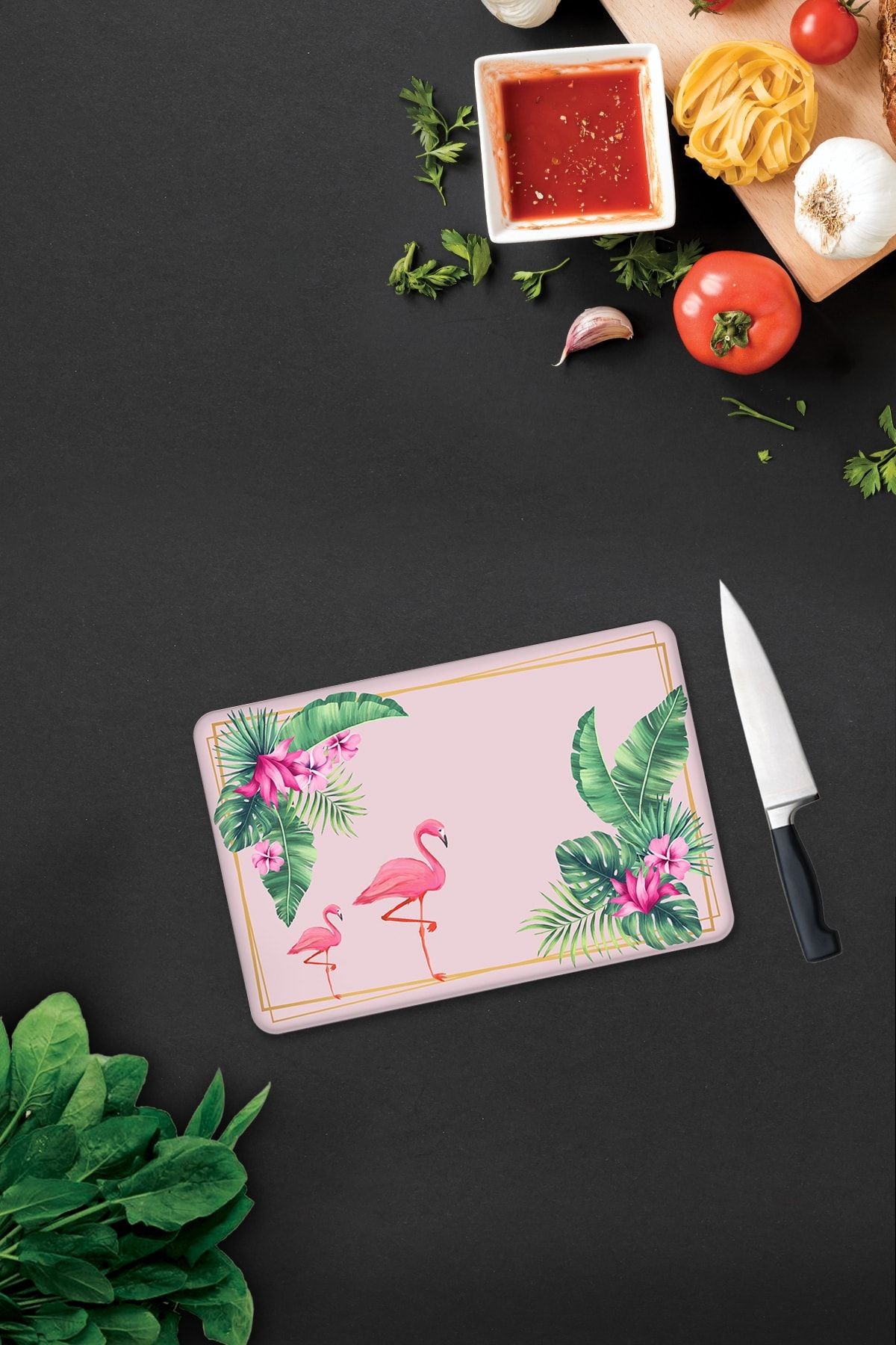Tropik Yapraklar & Flamingo | Cam Kesme Tahtası - Cam Kesme Tablası | 20cm X 30cm