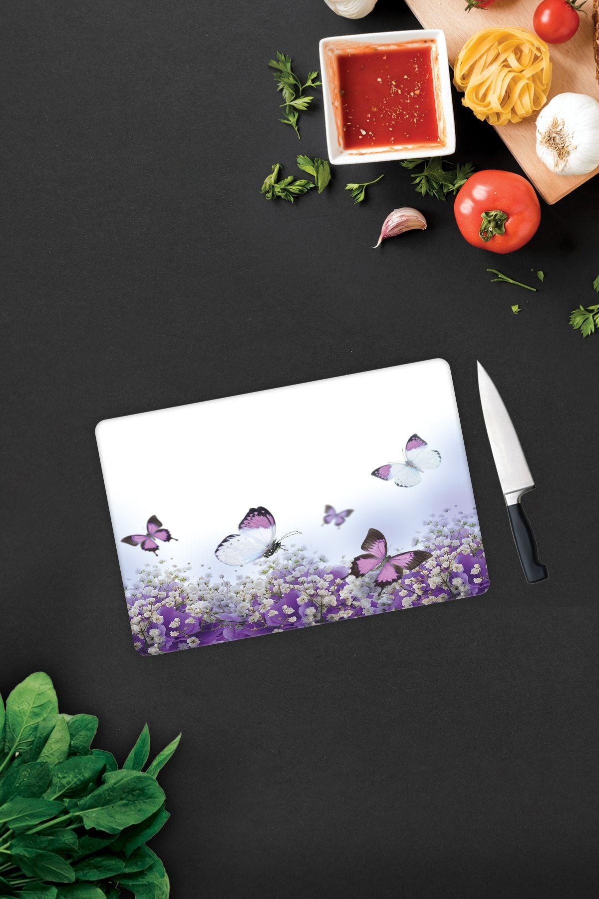 Mor Çiçek Ve Kelebekler | Cam Kesme Tahtası - Cam Kesme Tablası | 20cm X 30cm