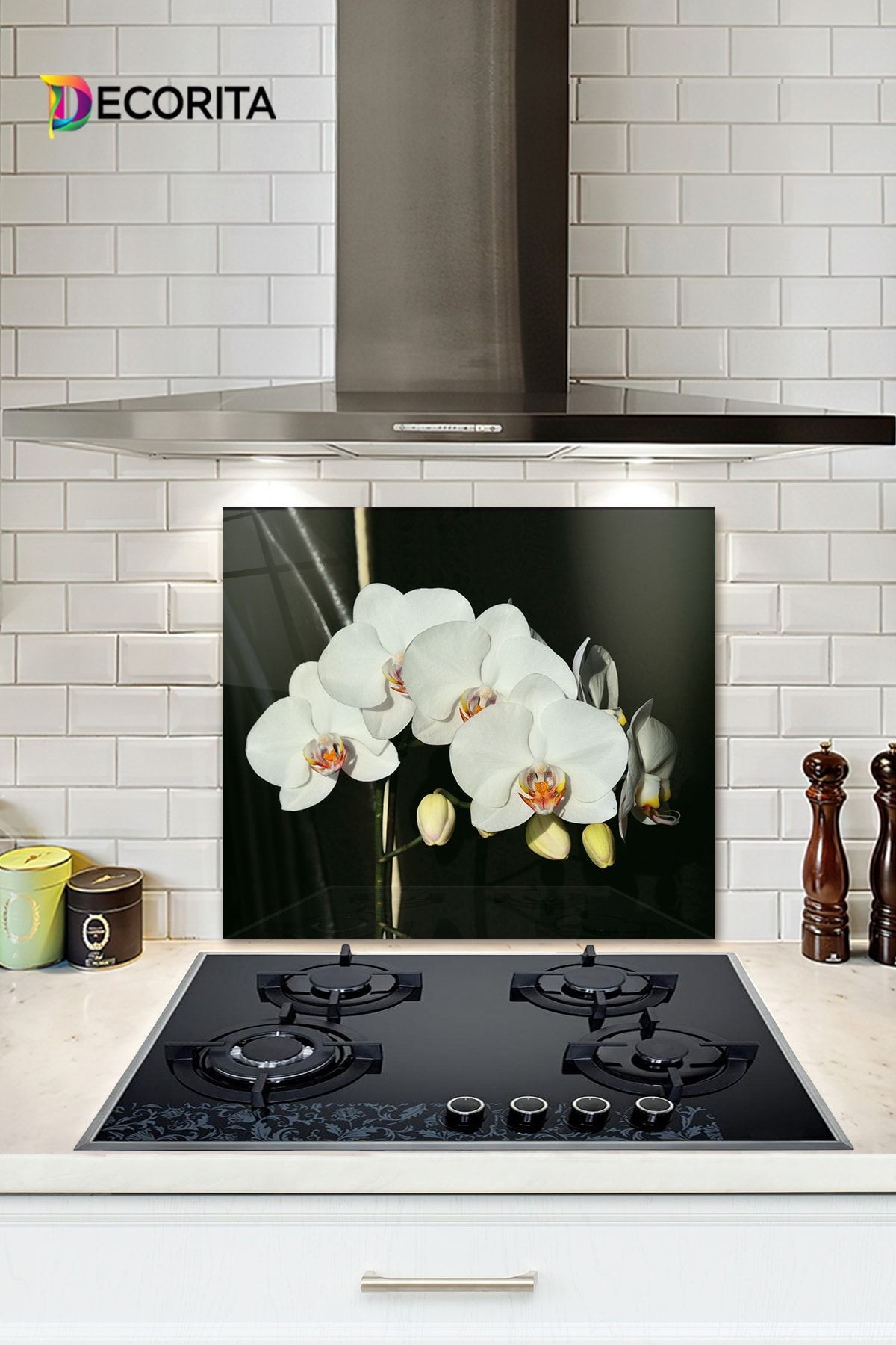 Cam Ocak Arkası Koruyucu | Orkideli Mutfak | 40cm X 60cm