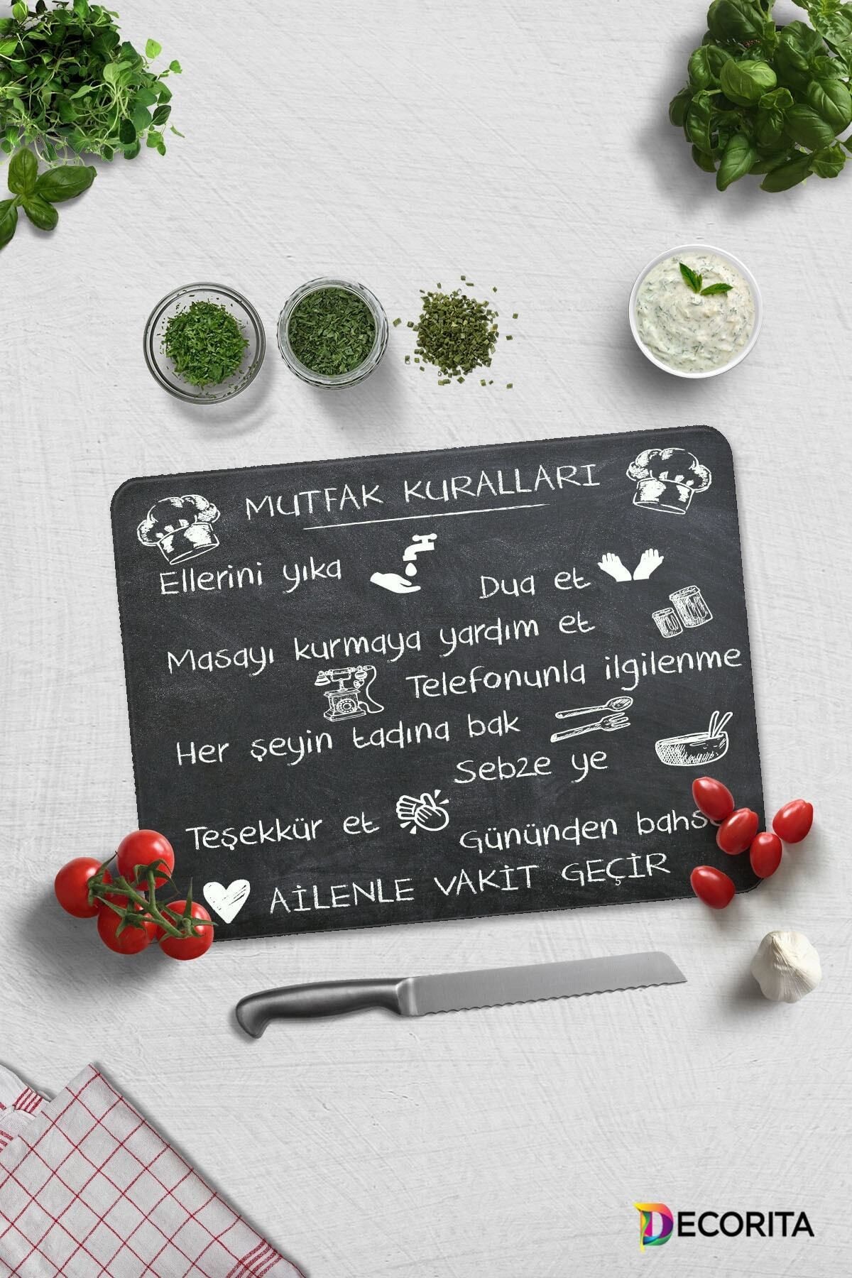 Mutfak Kuralları - Kara Tahta Görünümlü | Cam Kesme Tahtası - Cam Kesme Tablası | 30cm X 40cm