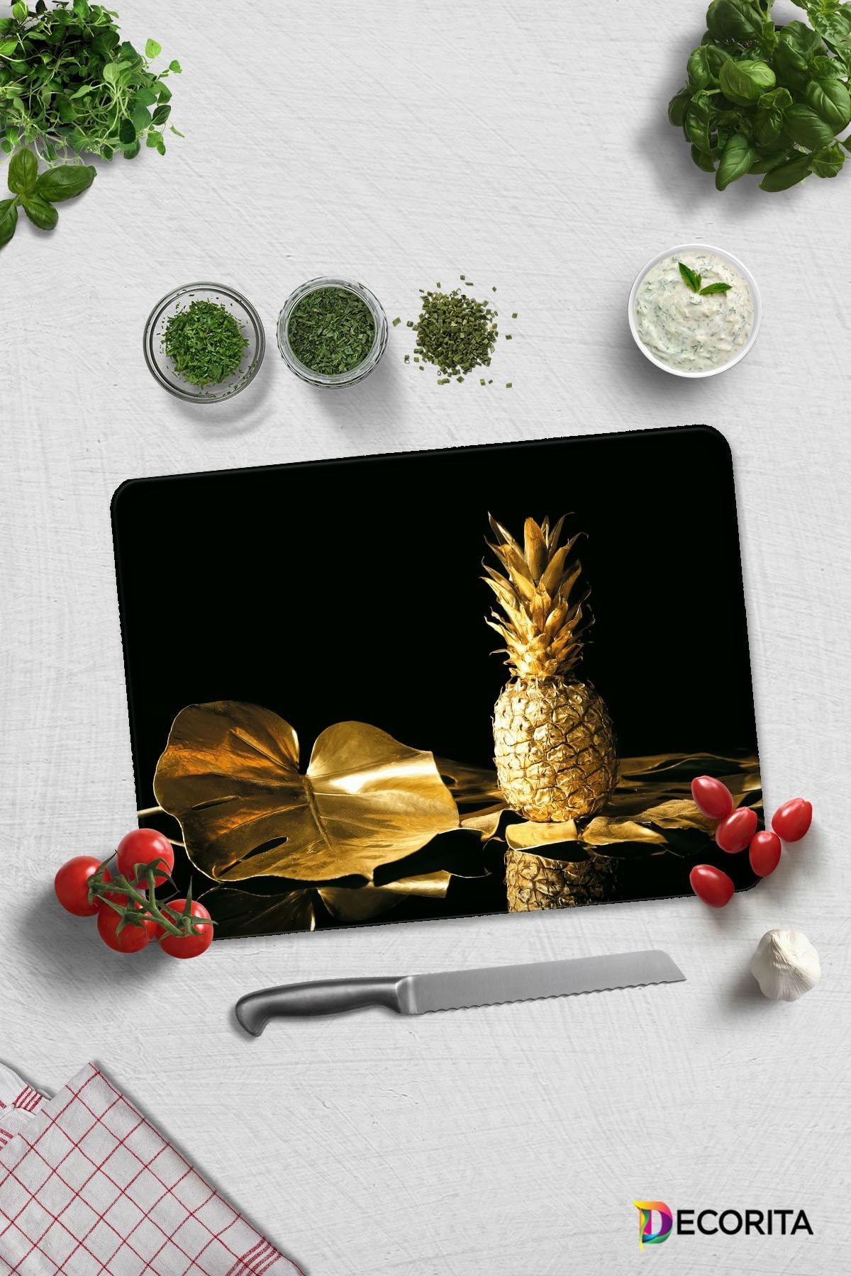 Altın Ananas | Cam Kesme Tahtası - Cam Kesme Tablası | 30cm X 40cm
