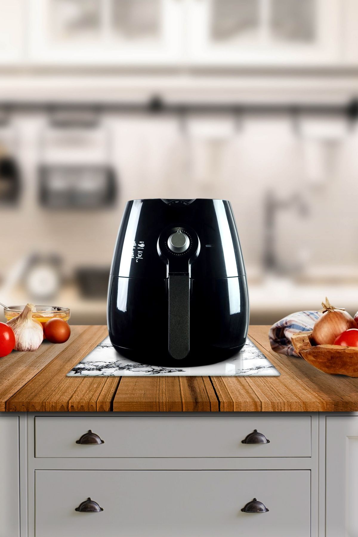 Cam Airfryer Altlığı | Airfryer Altı Isıya Dayanıklı Cam Stand | Beyaz Mermer | 30cm x 40cm