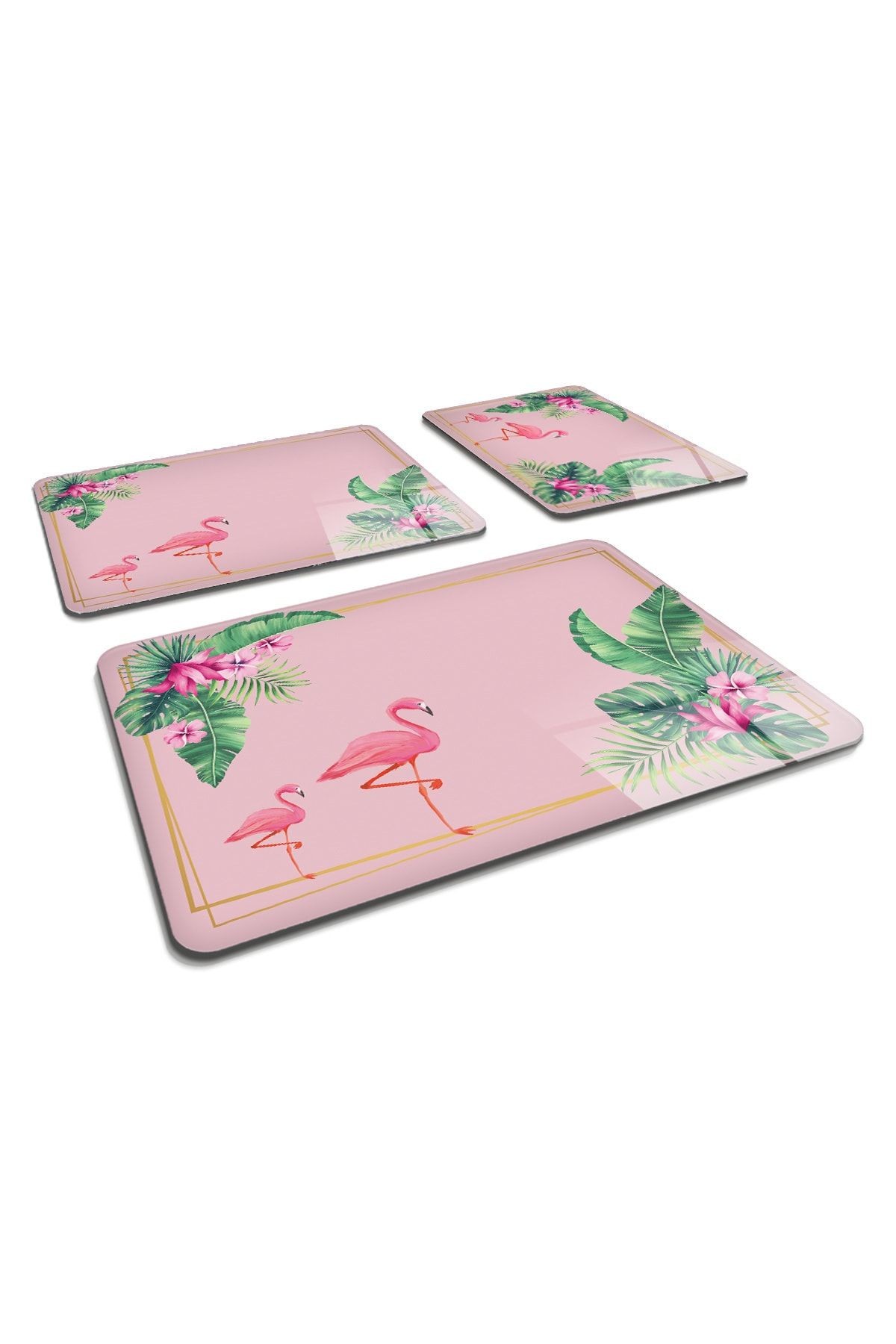 Takım Tropik Flamingo | Cam Kesme Tahtası - Cam Kesme Tablası 3 lü