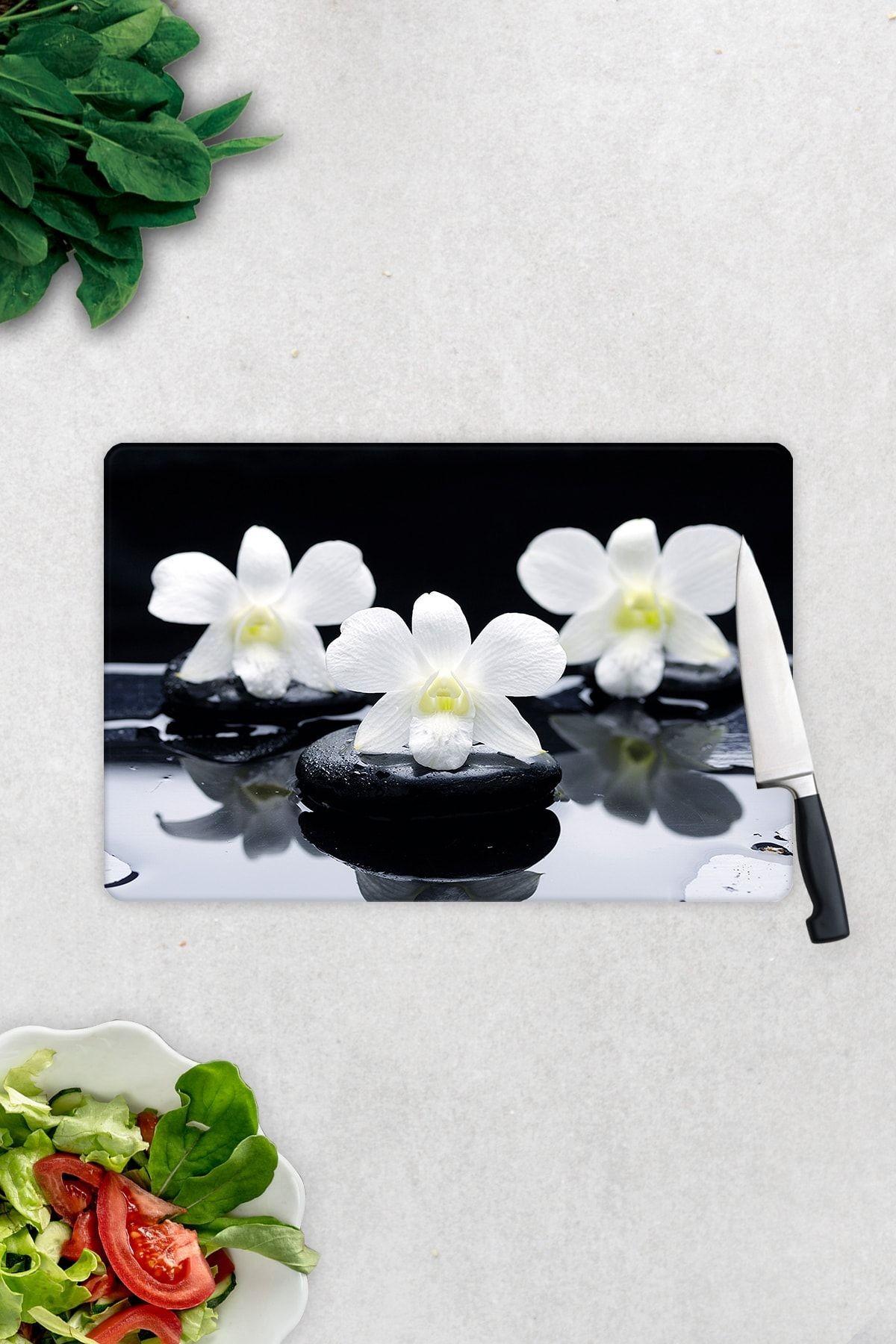 Taş Üzeri 3'lü Orkide | Cam Kesme Tahtası - Cam Kesme Tablası | 20cm X 30cm