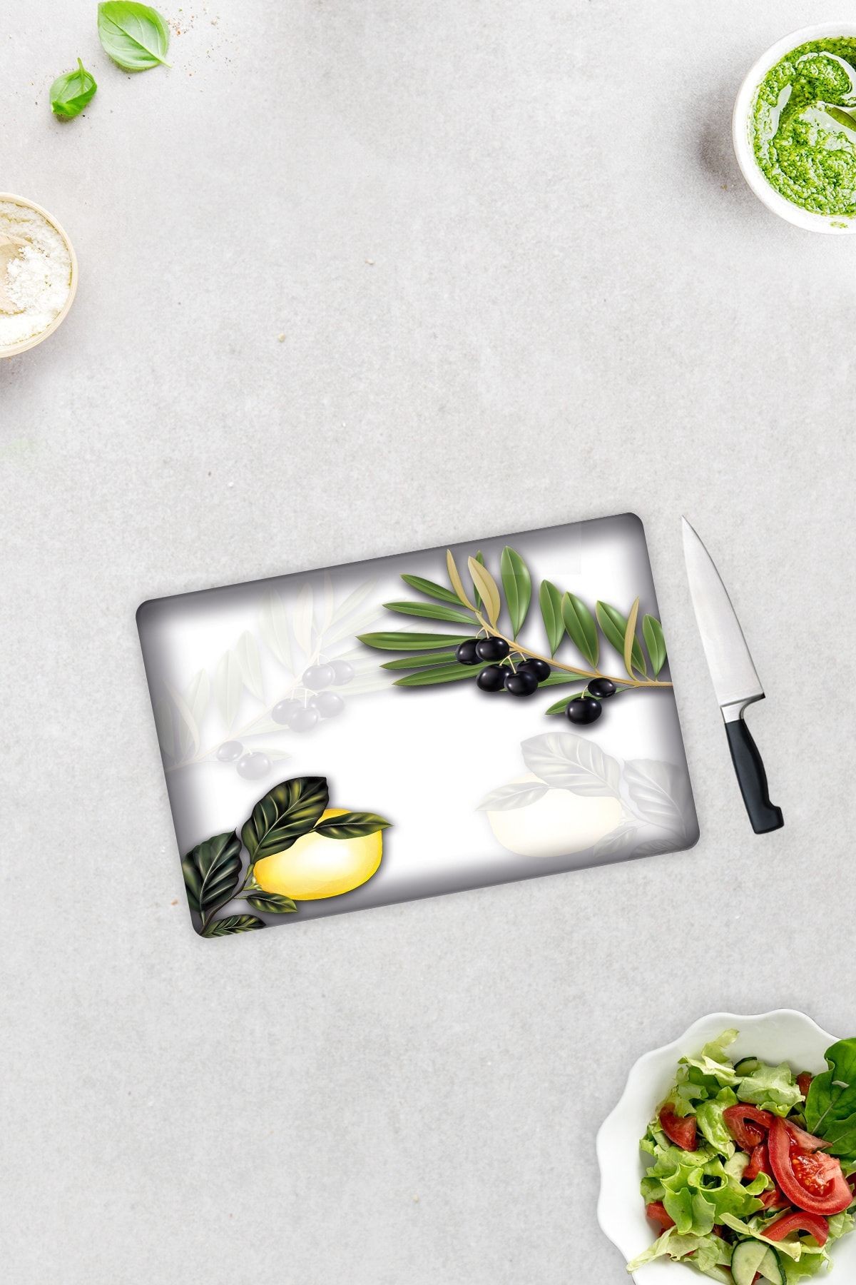 Zeytin Ve Limon Desen | Cam Kesme Tahtası - Cam Kesme Tablası | 20cm X 30cm