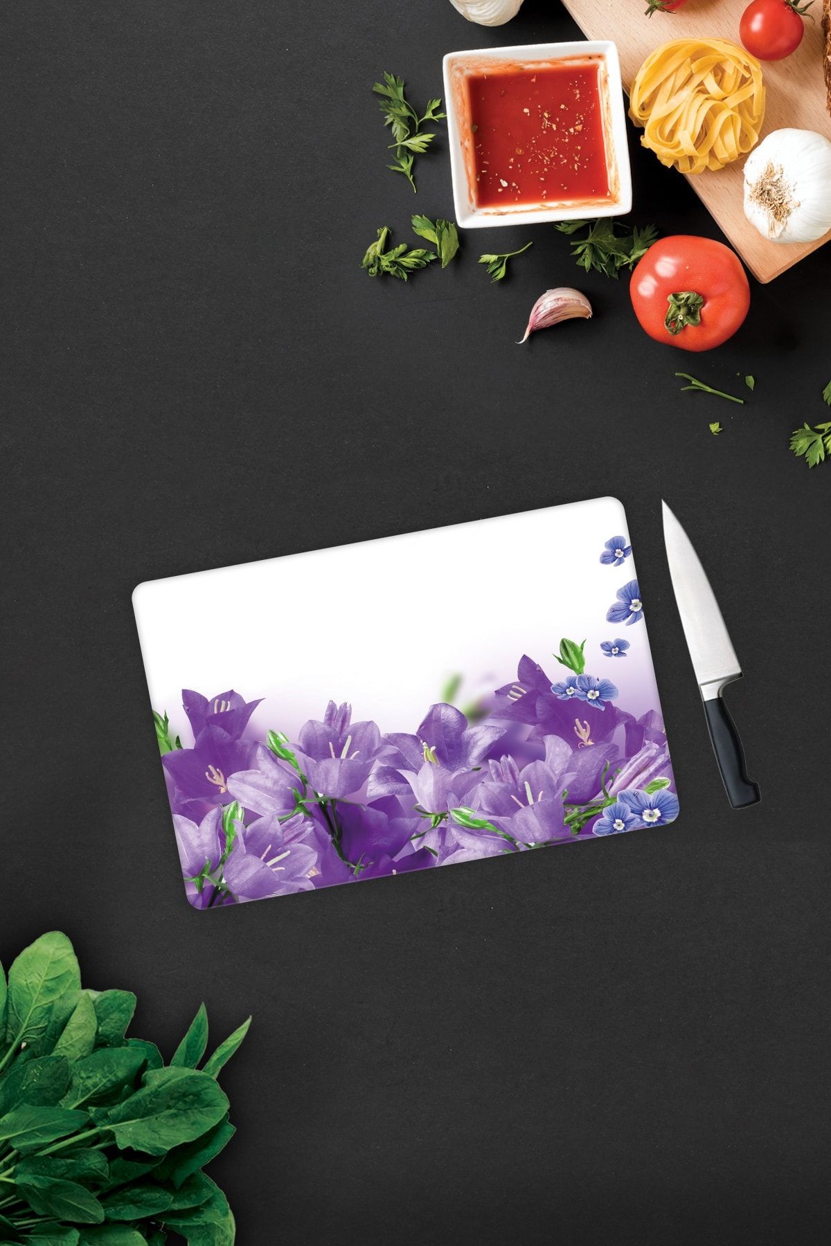 Mor Çiçek Desenli | Cam Kesme Tahtası - Cam Kesme Tablası | 20cm X 30cm