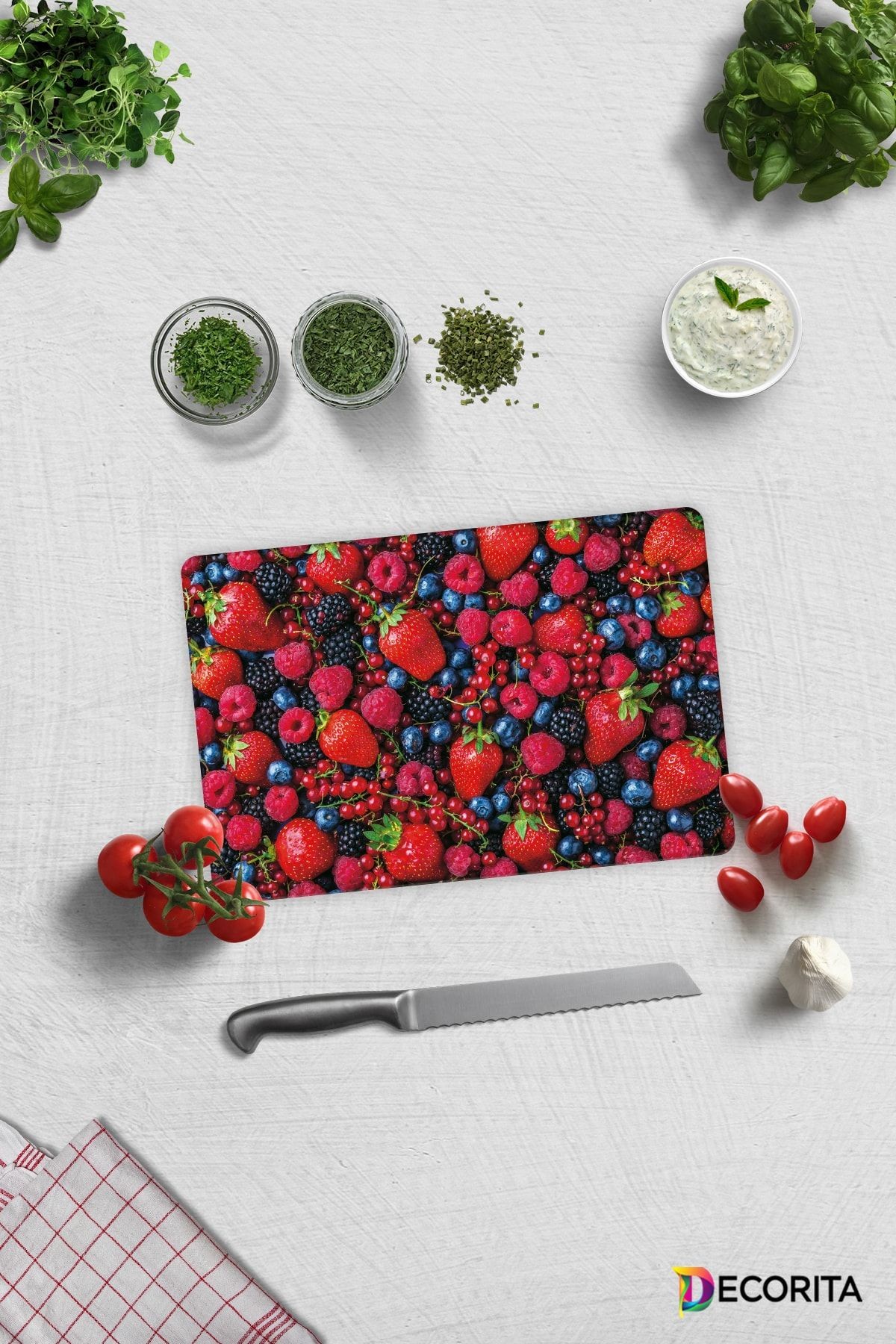 Mor Ve Kırmızı Meyveler | Cam Kesme Tahtası - Cam Kesme Tablası | 20cm X 30cm