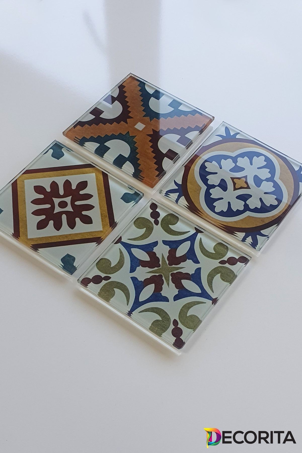 Cam Bardak Altlığı | Çini Desen | 4'lü Takım | 10cm X 10cm