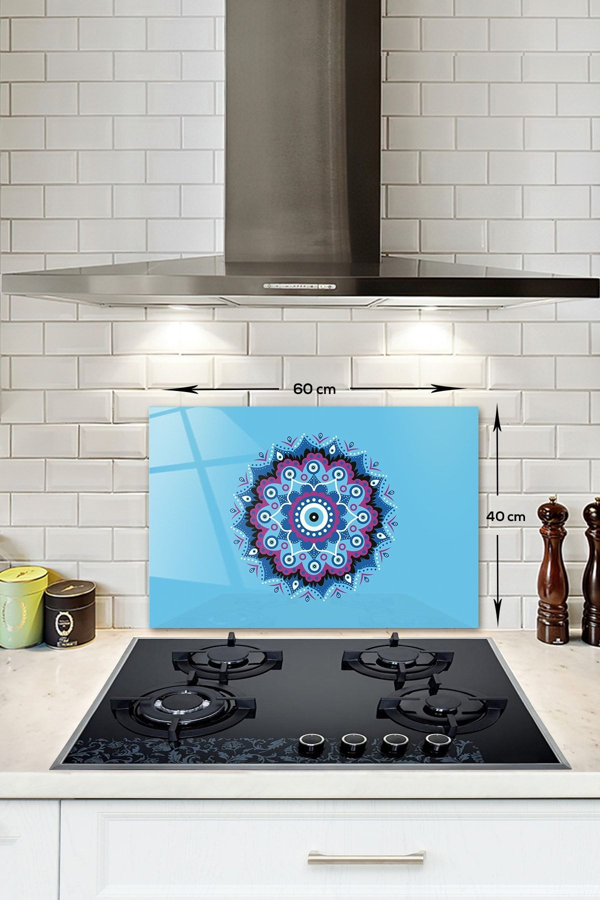 Cam Ocak Arkası Koruyucu | Turkuaz Nazar Boncuğu | 40cm X 60cm