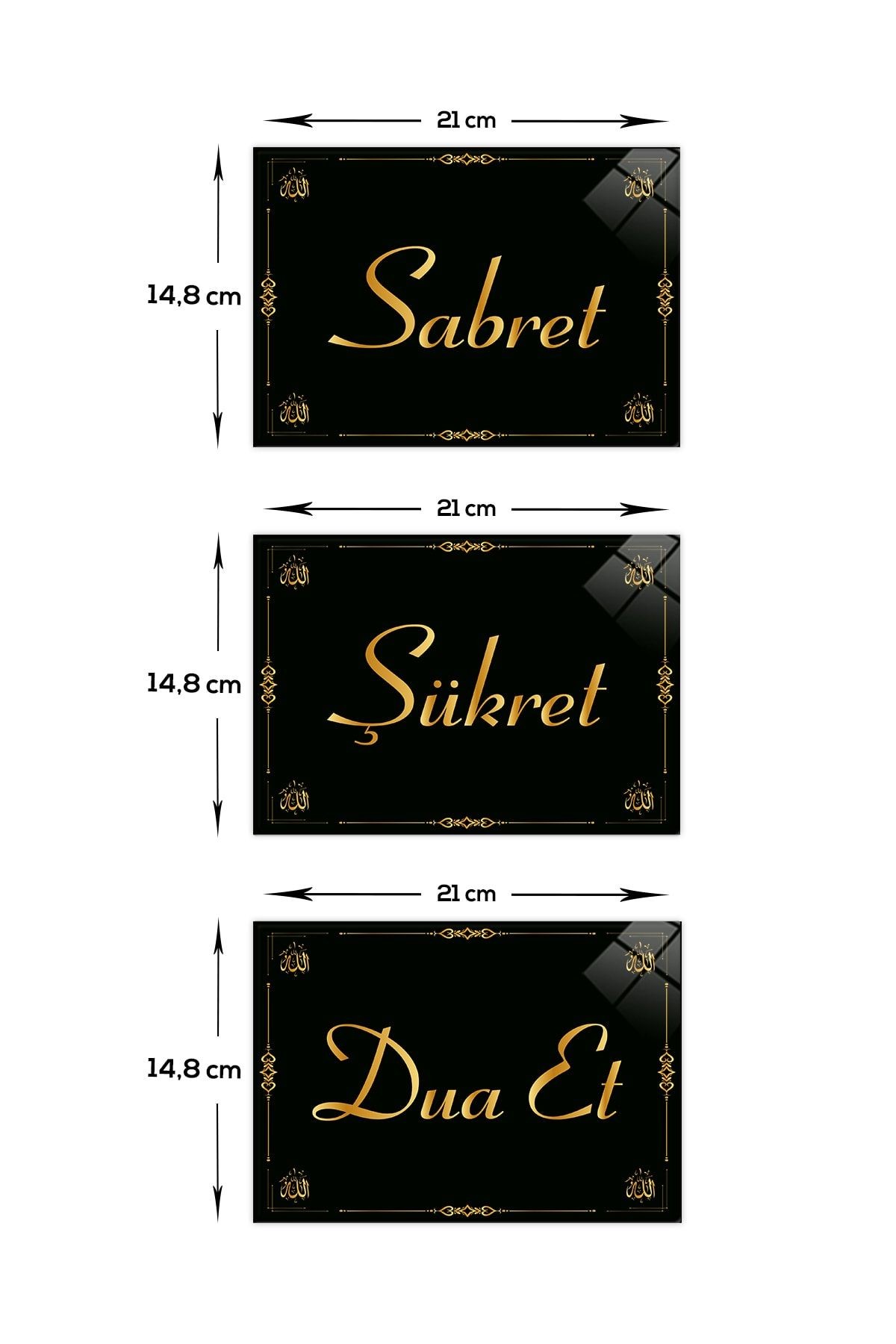 | Dini Islami Tablo | Sabret - Şükret - Dua Et | Gold Yazı | Cam Tablo | 14,8cm X 21cm