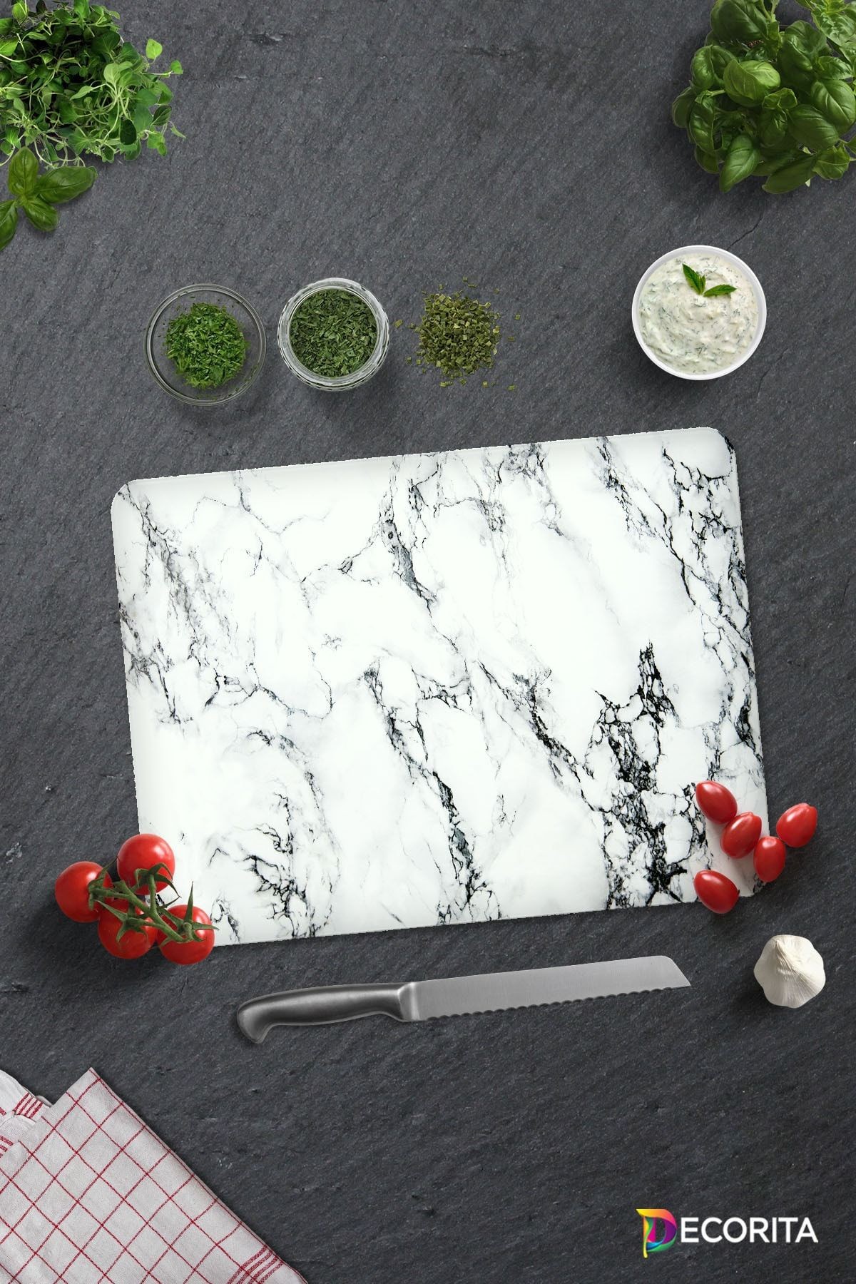 Cam Kesme Tahtası Cam Kesim Tablası Beyaz Mermer Görünümlü 30cm x 40cm