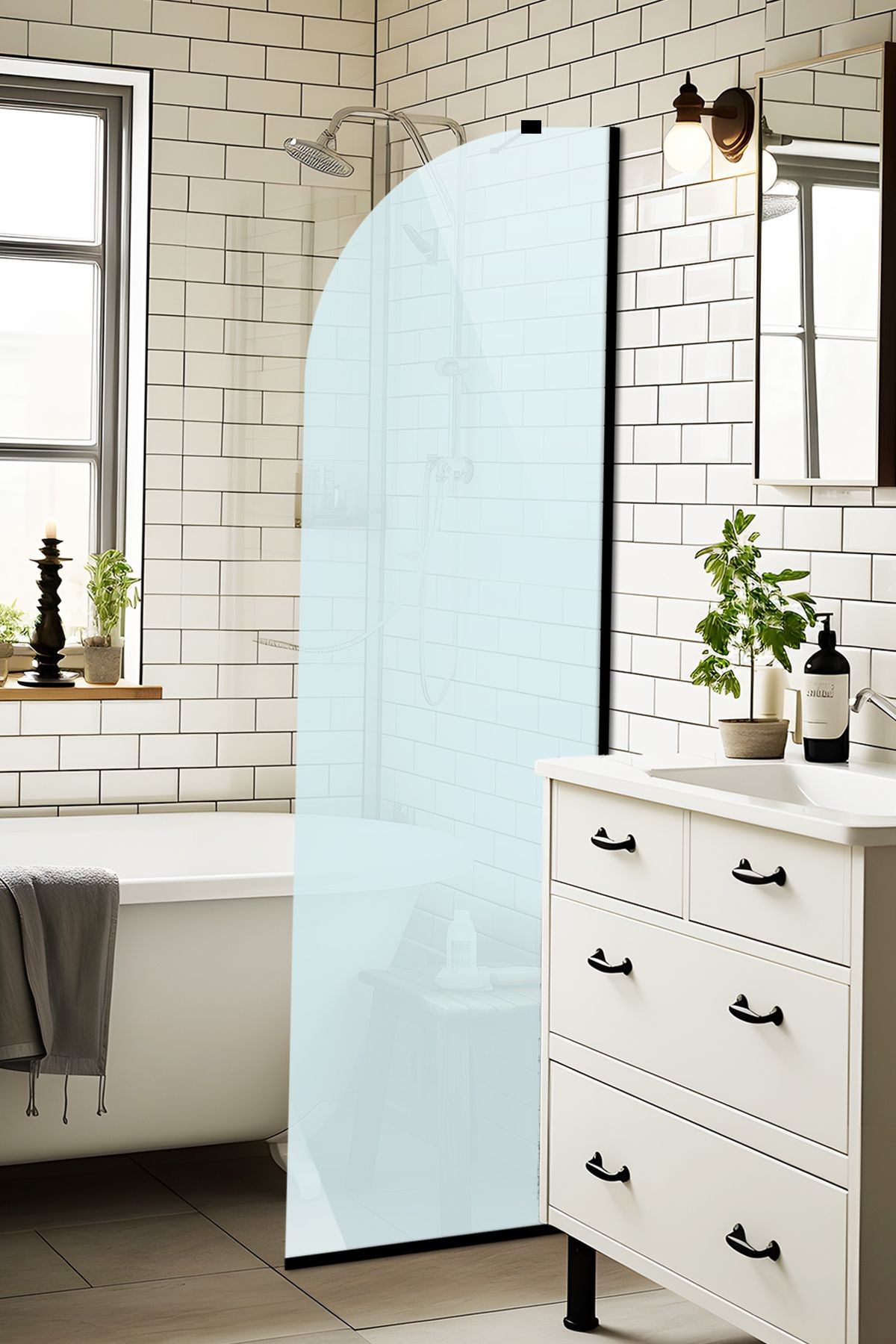 Cam Duşakabin Seperatör - Sabit Panel | Satina Cam - Şekilli | Siyah Profil | 55cm x 190cm