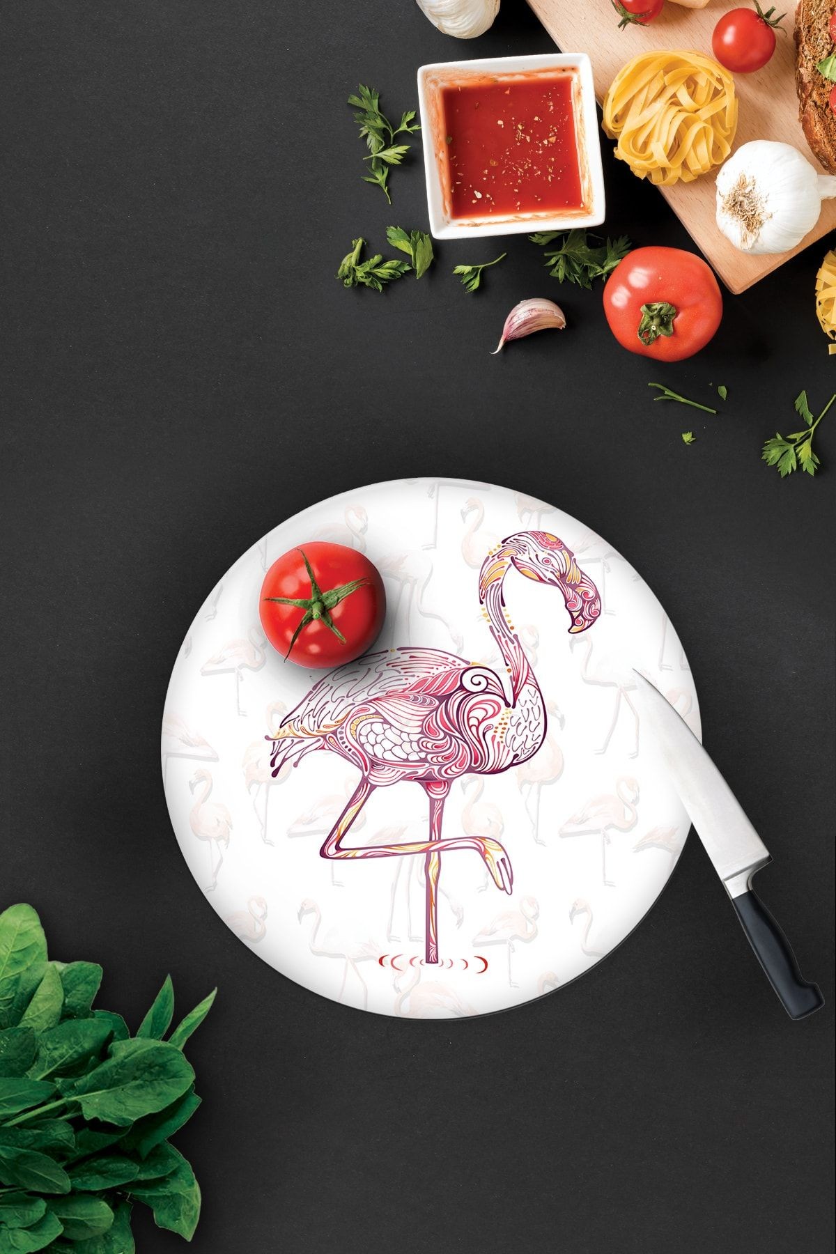 Flamingo Desen | Cam Kesme Tahtası - Cam Kesme Tablası | Daire Çap 32cm